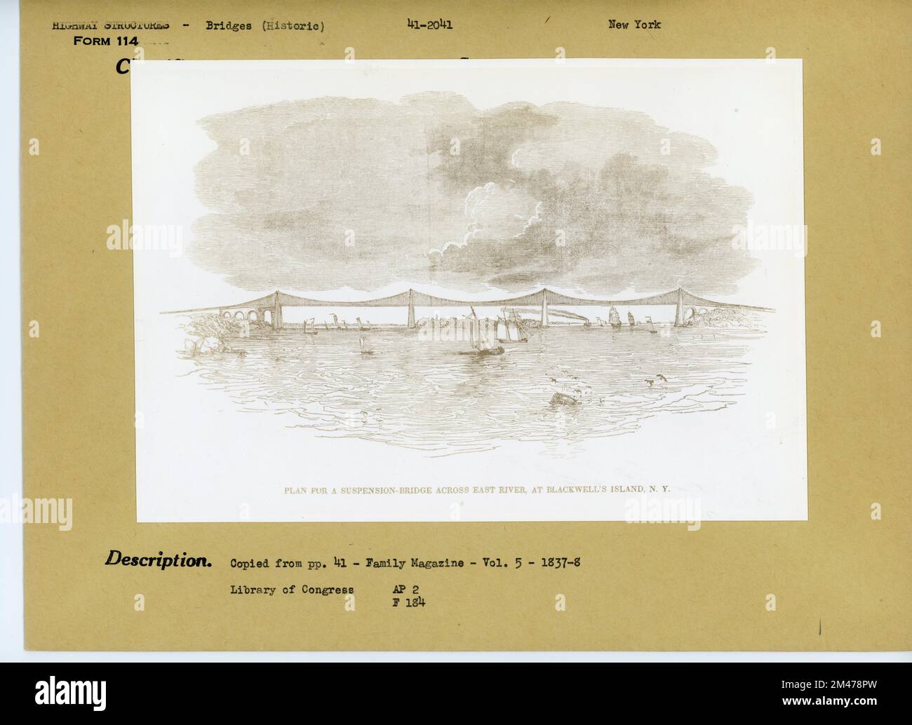 Prévoyez un pont suspendu traversant East River à Blackwell's Island, New York. Légende originale: Copie de pp. 41 - Family Magazine - vol. 5 - 1837-8 Library of Congress. État: New York. Banque D'Images