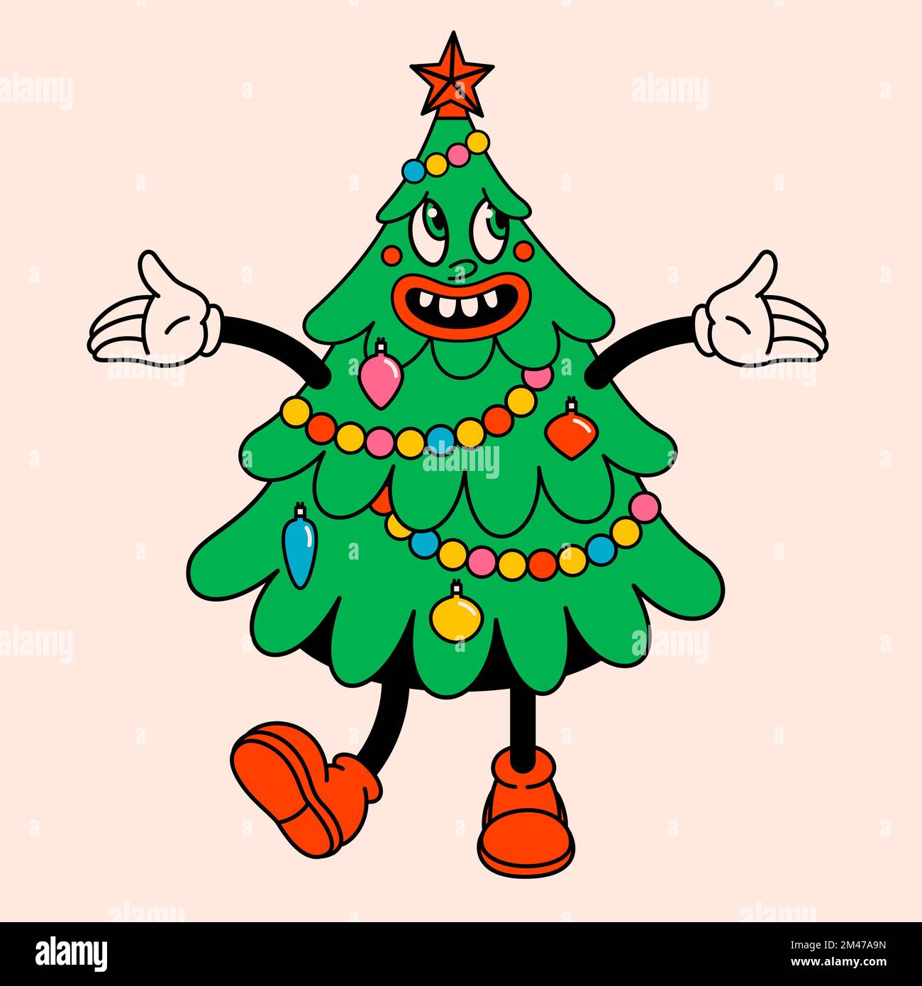 Joyeux Noël et joyeux nouvel an, personnages de dessins animés rétro tendance. Arbre de Noël hippie groovy. Caractères et éléments de dessin animé vectoriel. Illustration de Vecteur