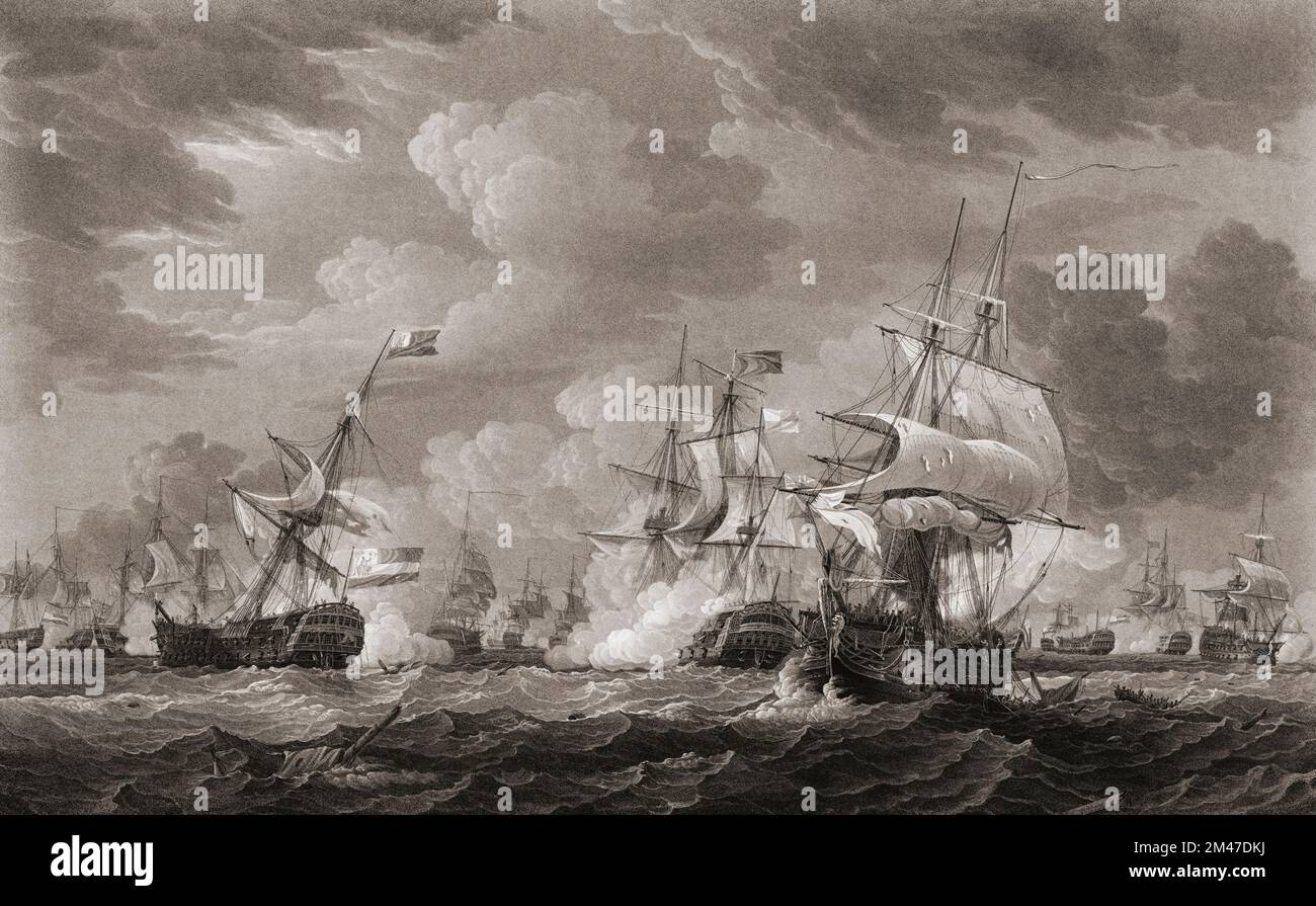 La bataille de Camperdown - Kamperduin en néerlandais - 11 octobre 1797, pendant les guerres révolutionnaires françaises. Il a été combattu entre la flotte britannique de la mer du Nord et une flotte de la marine Batavian. Les Britanniques l’ont emporté. Après une impression contemporaine de Thomas Hellyer de la peinture de Thomas Whitcombe. Banque D'Images