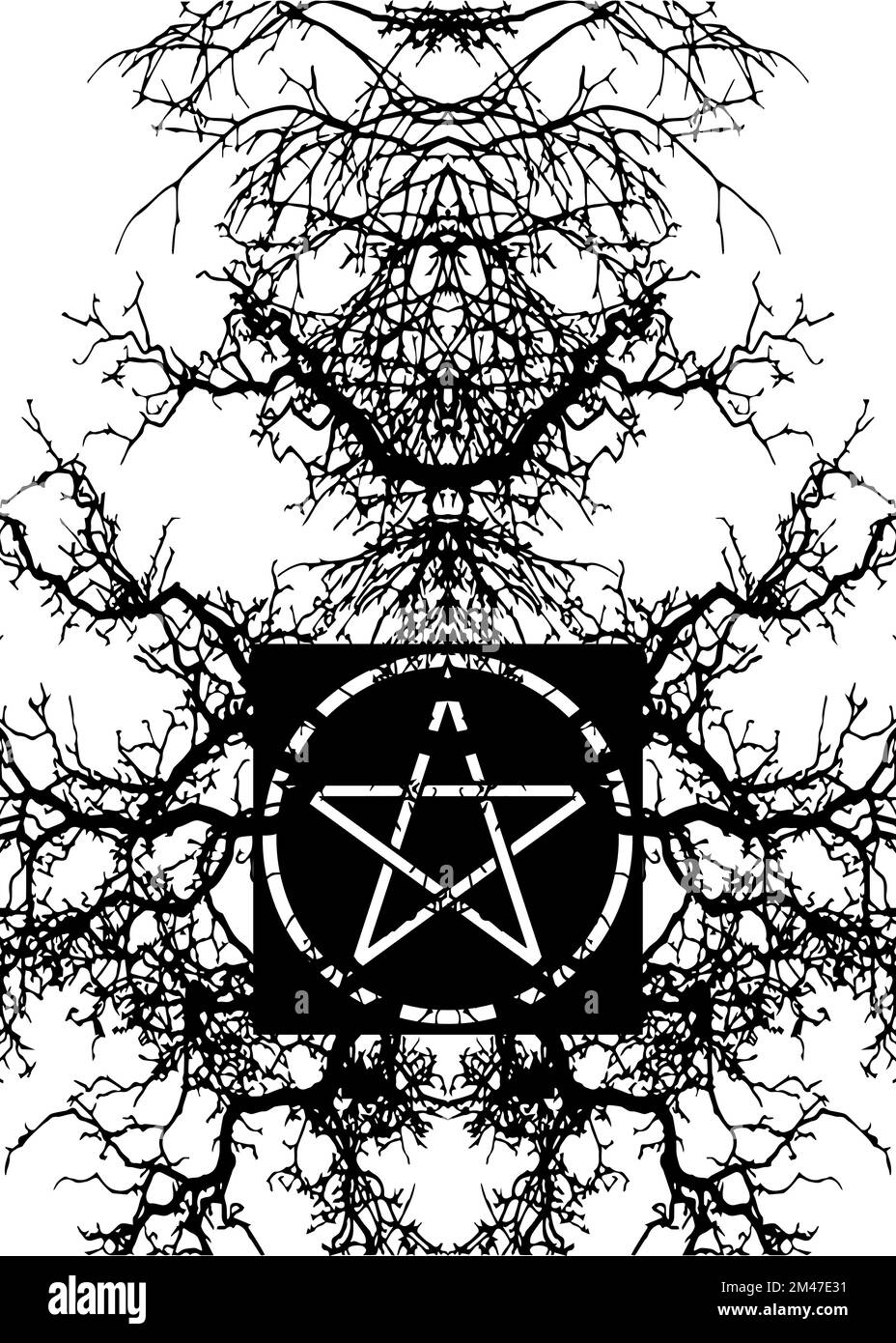 Fond magique noir et symbole de pentagramme mystique, bannière de la Franc-maçonnerie et des sociétés secrètes, dessin mystique occulte et spirituel isolé sur blanc Illustration de Vecteur