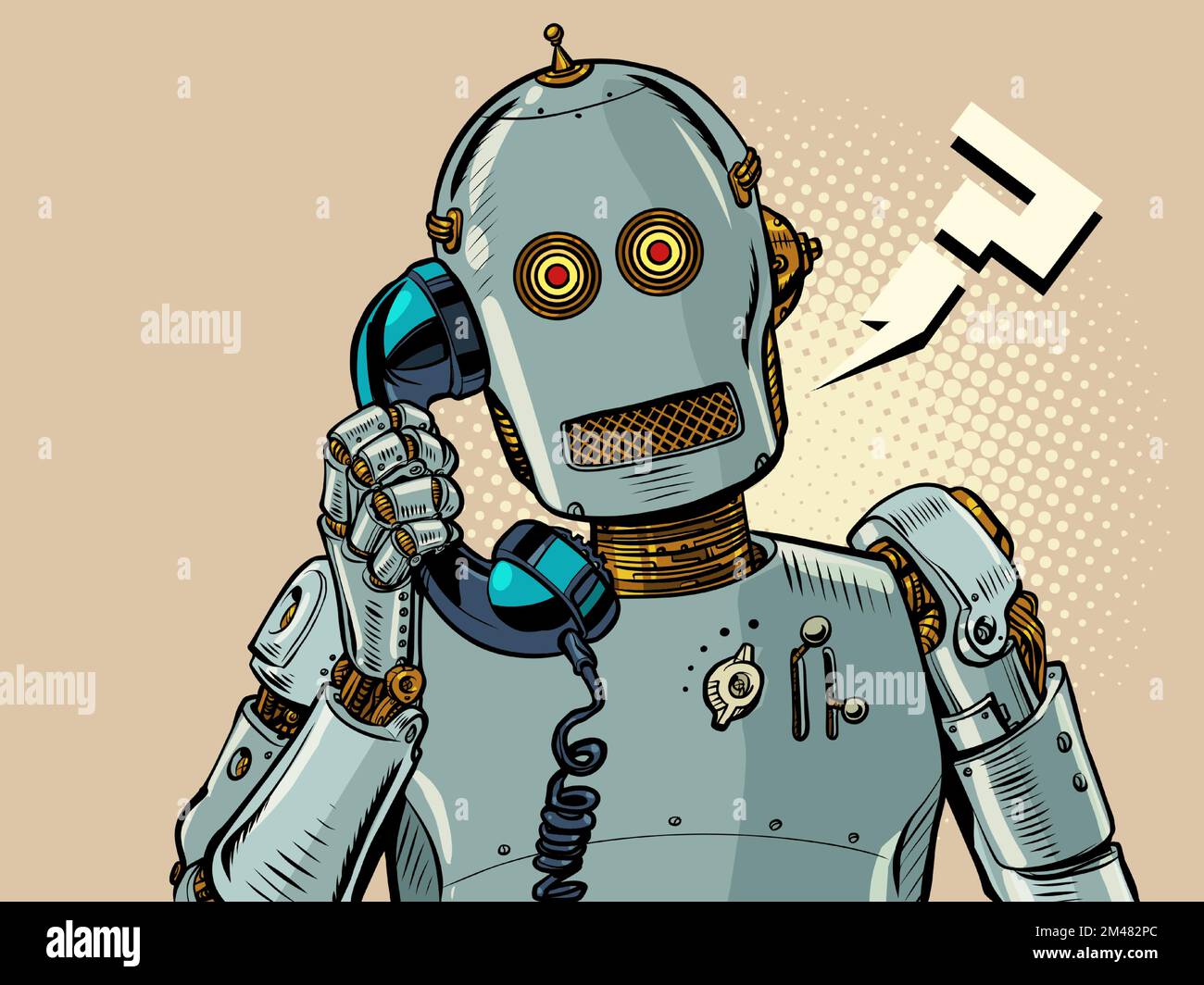 Un robot humanoïde parle sur un vieux téléphone filaire. Répondeur à intelligence artificielle. Générateur de parole ai Illustration de Vecteur