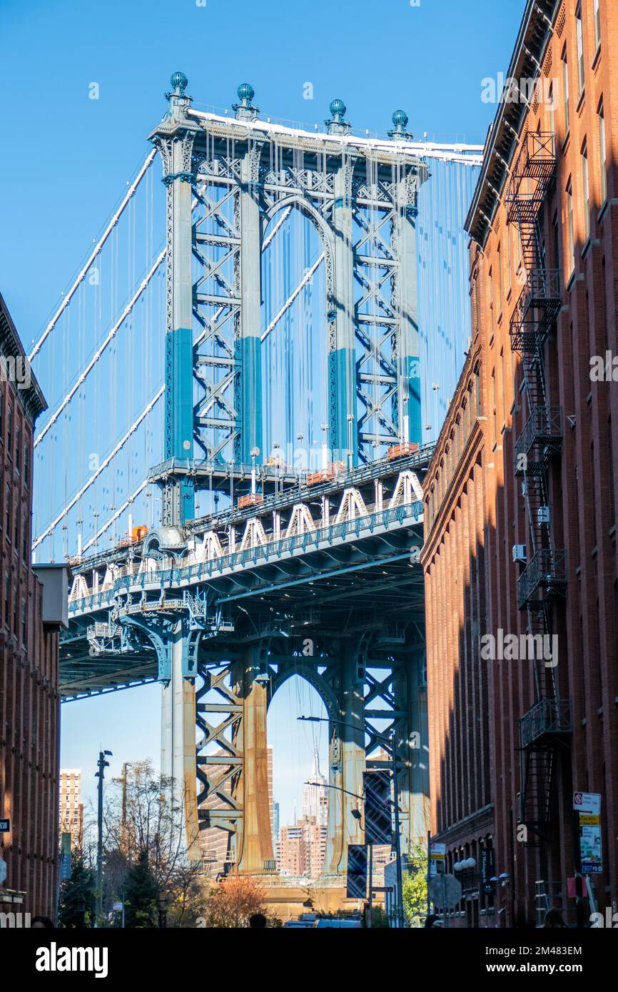 Vue sur le pont de Dumbo Manhattan, Brooklyn, New York. Magnifique point de vue de Manhattan. Banque D'Images