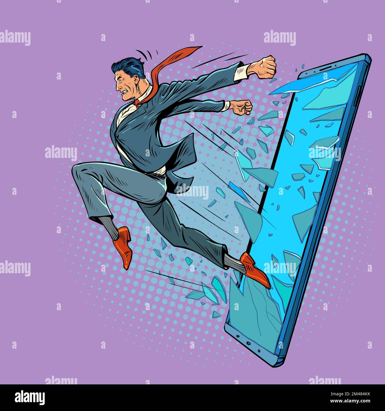 L'homme saute de l'écran. Concept de liberté de l'information sur Internet. homme d'affaires avec un smartphone Illustration de Vecteur
