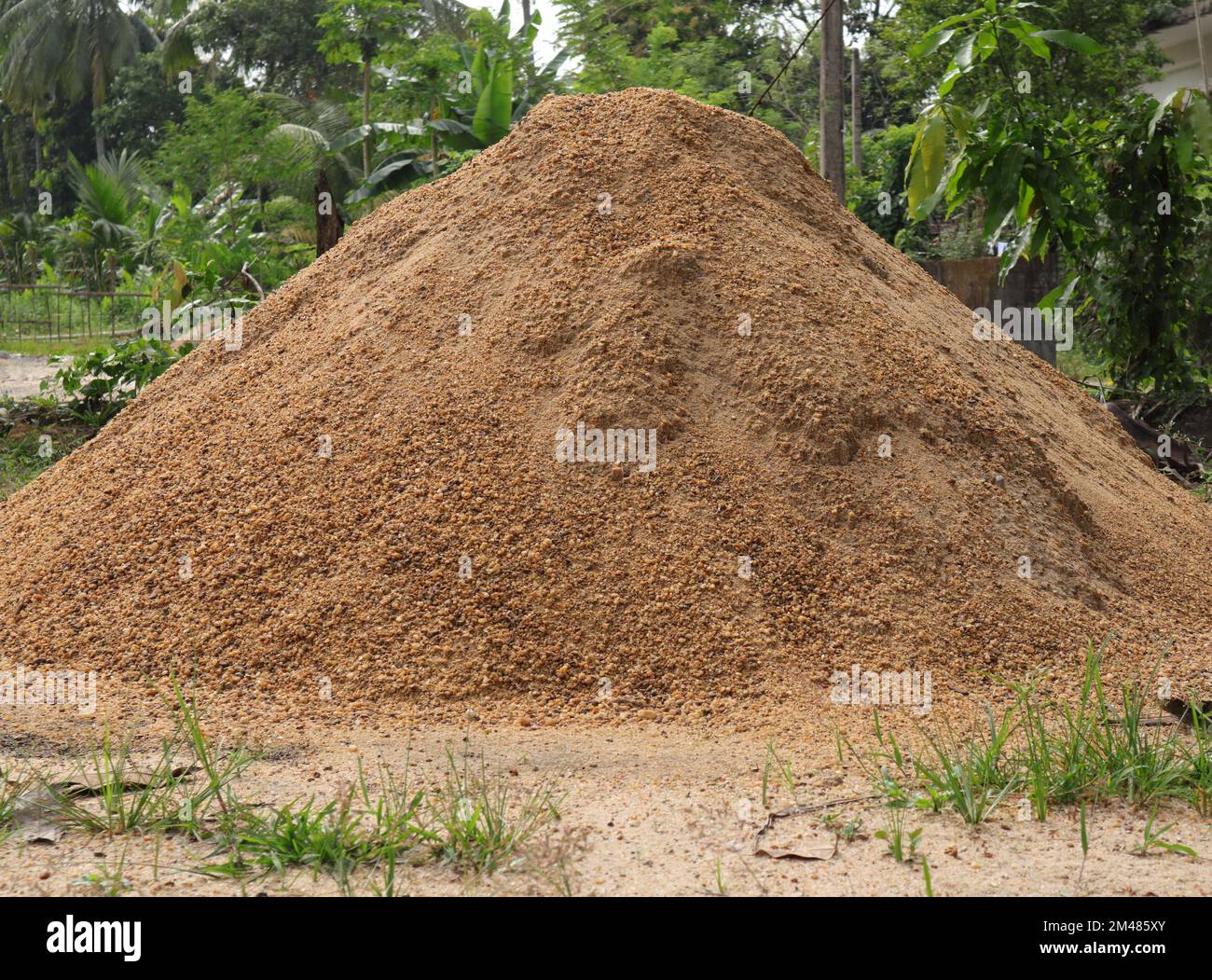 Une grande pile de sable de rivière encore pas tamisé et purifié, ce sable empilé pour une utilisation dans la construction Banque D'Images