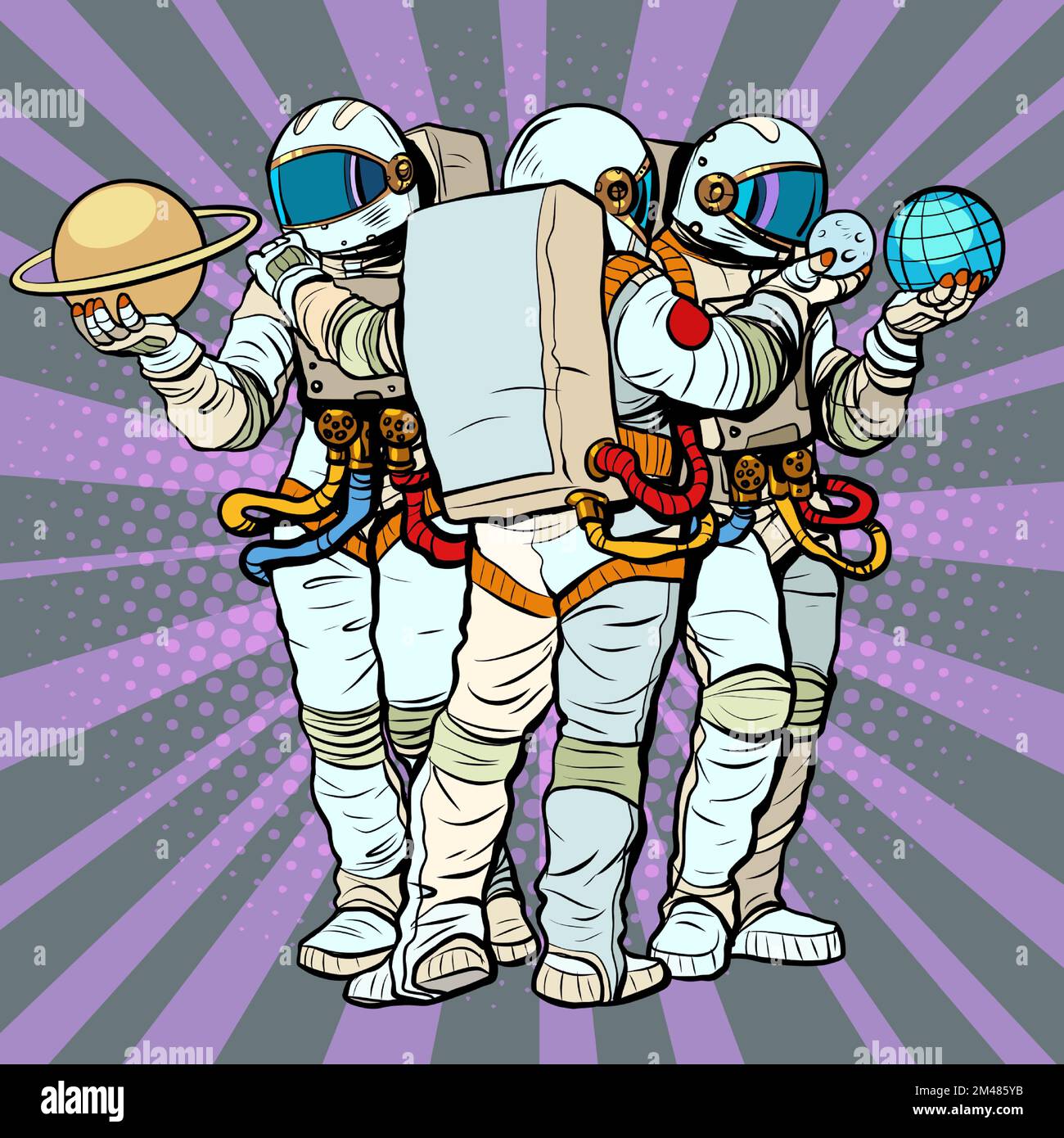 Les astronautes voient et explorent les planètes du système solaire. Terre et Saturne, Lune. Sciences astronautique Illustration de Vecteur