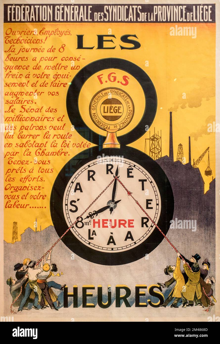1920s affiche / écriteau de la campagne syndicale belge faisant la promotion de la journée de travail de huit heures / journée de travail de 8 heures / journée de travail Banque D'Images