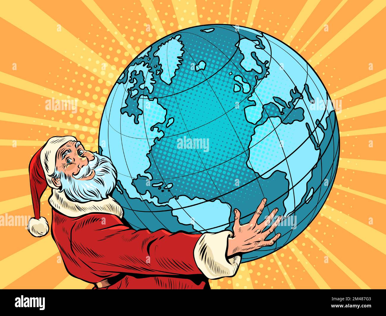 Le Père Noël tient la planète Terre entre ses mains. Nouvel an et Noël Illustration de Vecteur