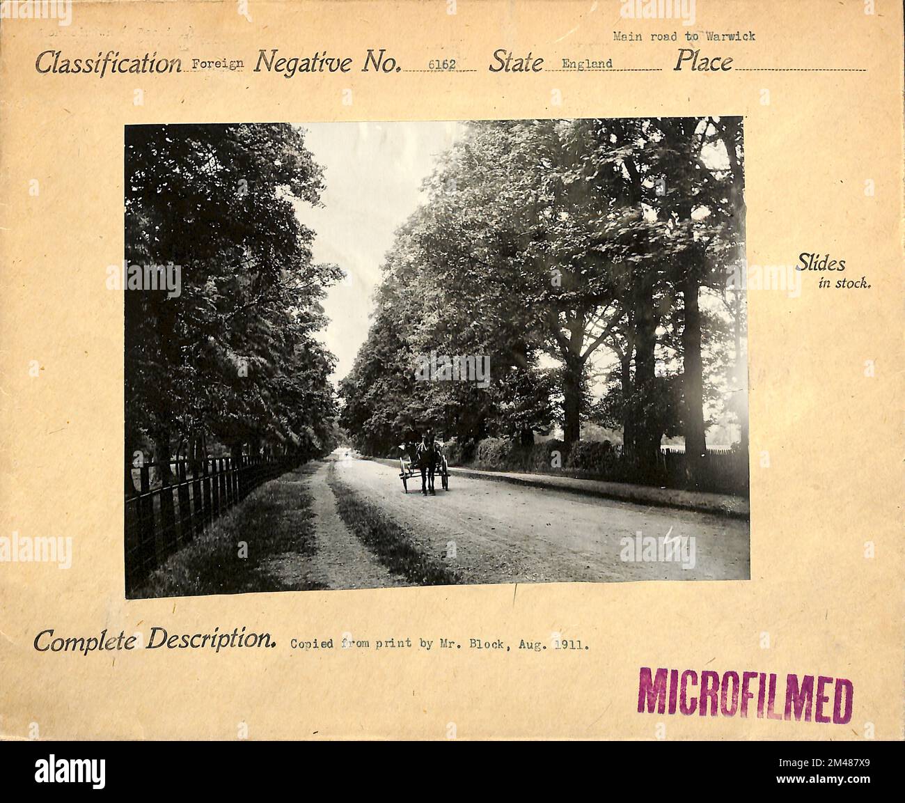 Route principale vers Warwick. Légende originale: Route principale à Warwick copie papier par M. Block, août 1911. État: Angleterre. Banque D'Images