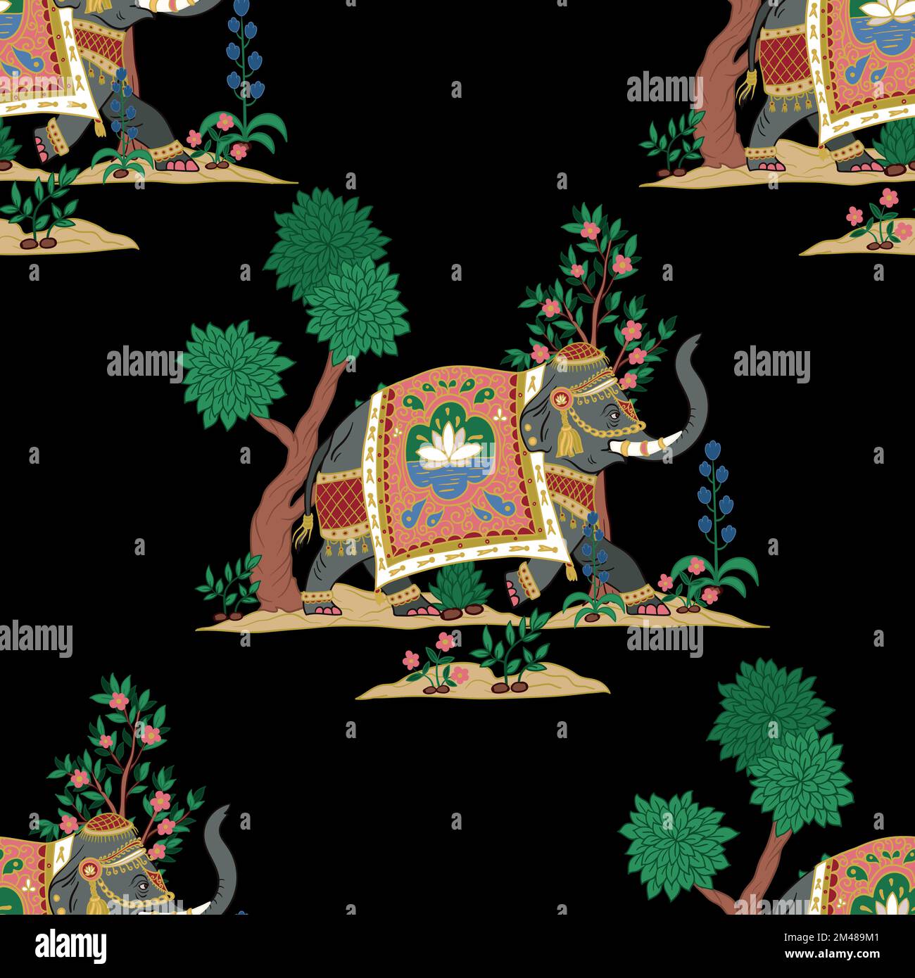 Motif sans couture avec éléphants indiens et éléments décoratifs. Vecteur. Illustration de Vecteur
