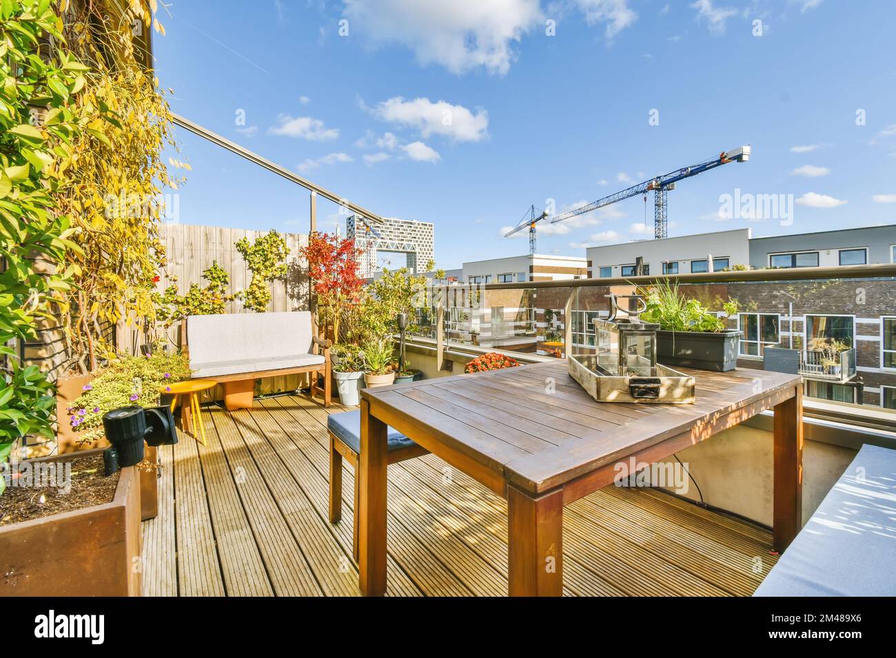 une terrasse avec quelques plantes sur elle et une grue dans le sol arrière à côté de la plate-forme, qui est utilisé comme un Banque D'Images