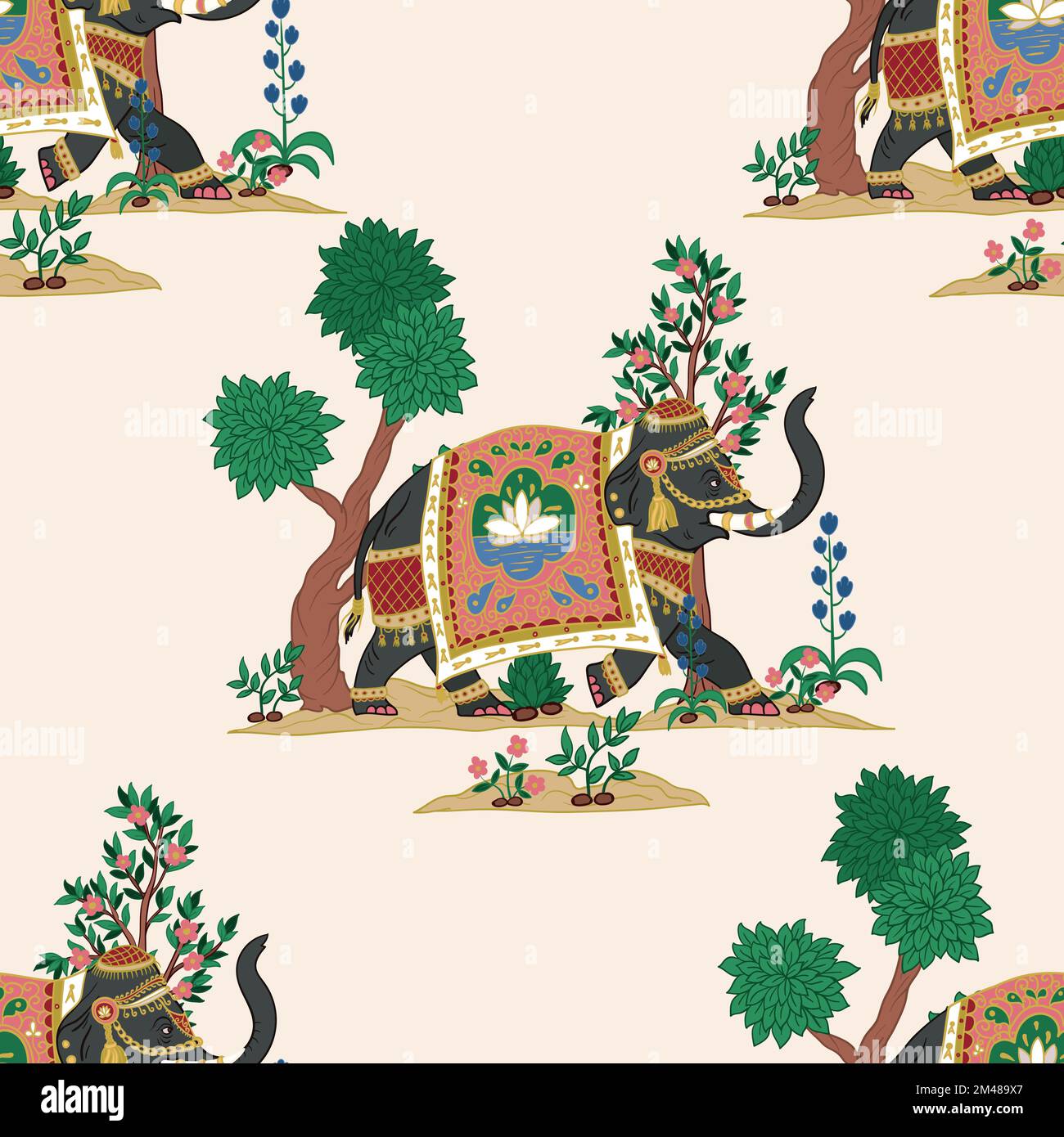 Motif sans couture avec éléphants indiens et éléments décoratifs. Vecteur. Illustration de Vecteur