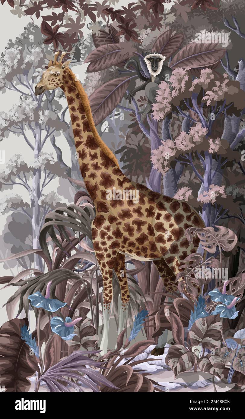 Paysage de la jungle avec girafe sauvage et singe pour les enfants. Vecteur. Illustration de Vecteur