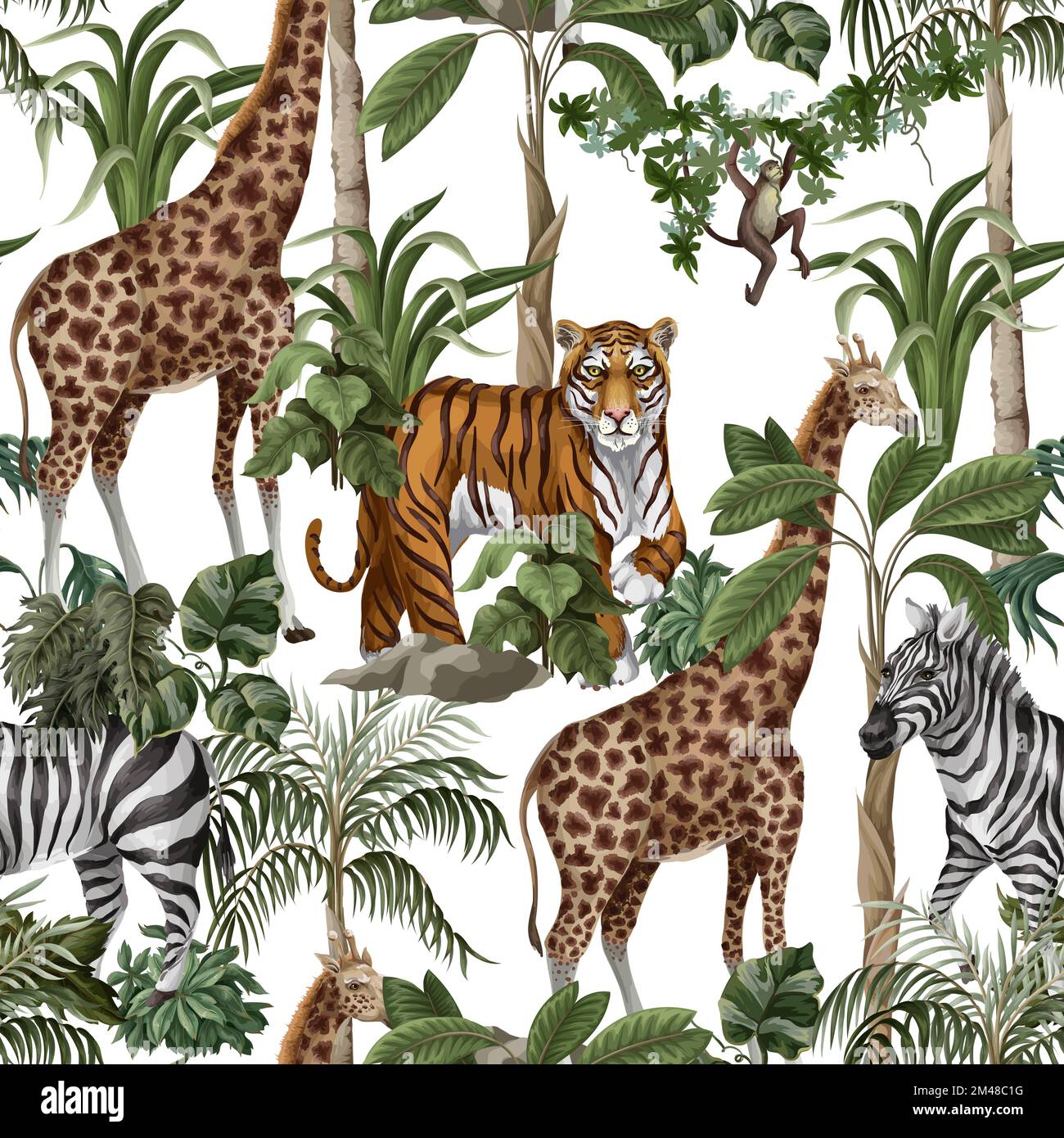 Motif sans couture avec animaux sauvages et arbres de la jungle pour les enfants. Vecteur. Illustration de Vecteur