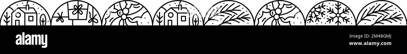 Logo de Noël Advent Washi bande sans couture motif bordure flocon de neige, boîtes-cadeaux, maison, guirlande, chaussettes et arbres. Vecteur d'hiver de la monoline dessiné à la main Illustration de Vecteur
