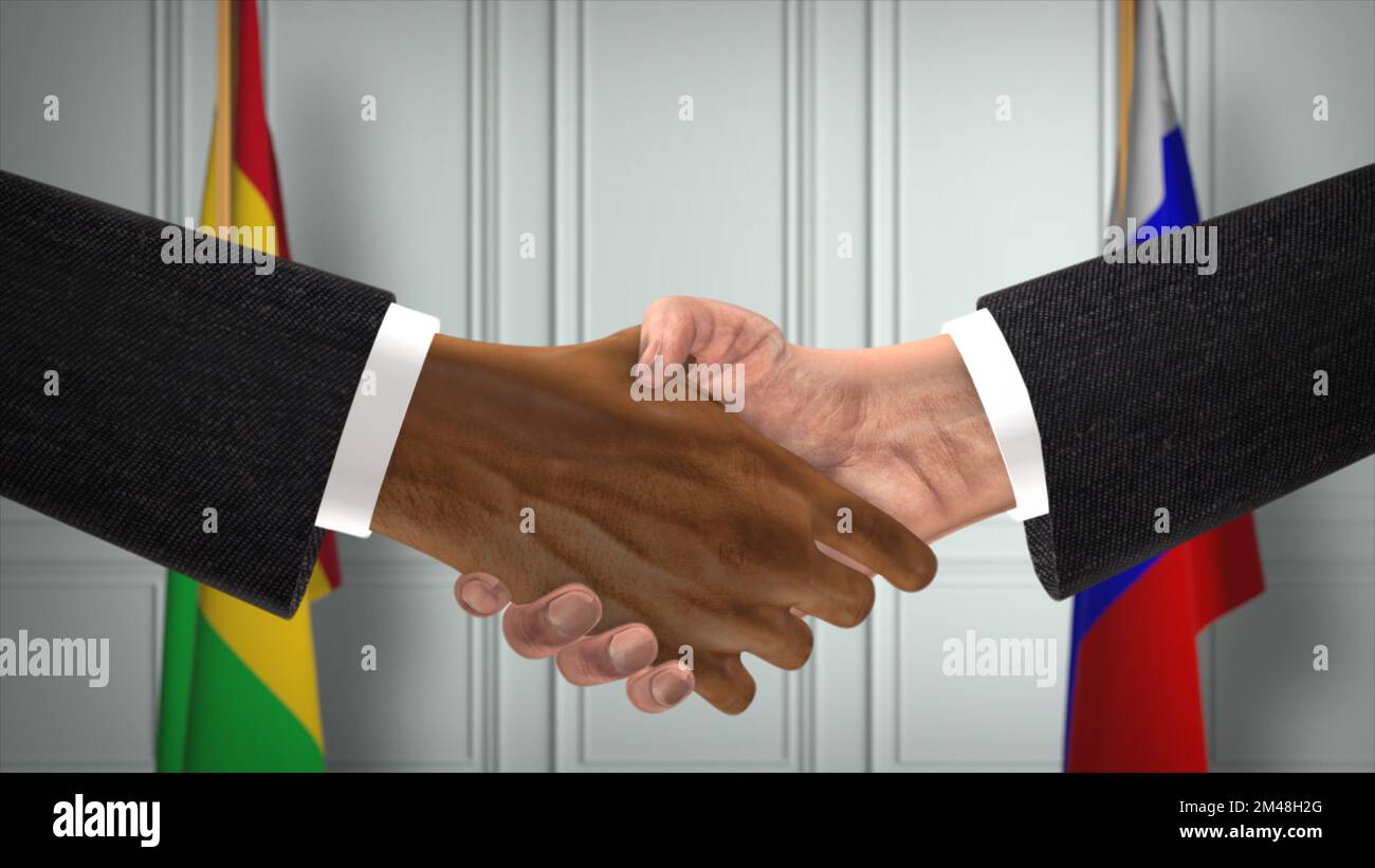 Le Mali et la Russie traitent poignée de main, illustration politique 3D. Réunion officielle ou coopération, réunion d'affaires. Les hommes d'affaires ou les hommes politiques se bousculer. Banque D'Images