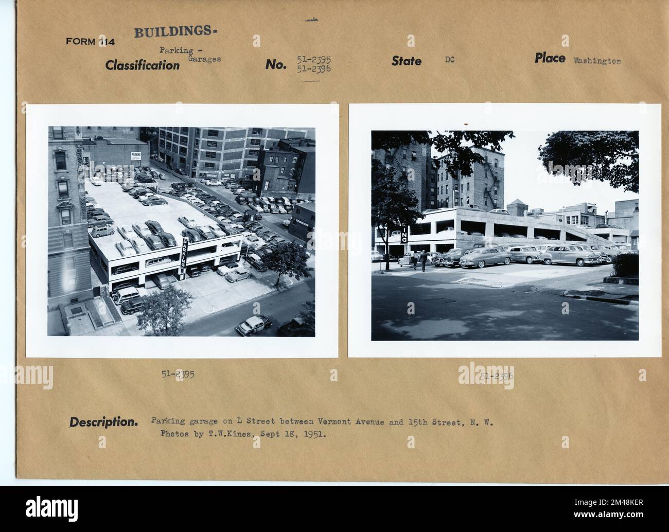 Parking garage sur L Street entre Vermont Avenue et 15th Street, NW, Washington, DC. Légende originale : garage sur L Street, entre Vermont Avenue et 15th Street, N.W. Photos de T. W. Kines, 18 septembre 1951. État: District de Columbia. Lieu: Washington, DC. Banque D'Images