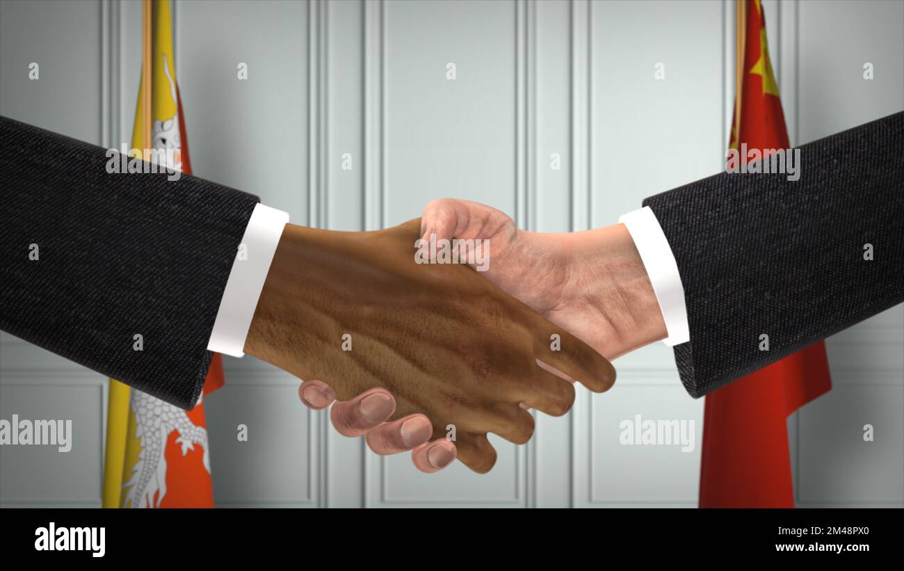 Réunion des dirigeants du Bhoutan et de la Chine. Un accord diplomatique. Partenaires poignée de main. Banque D'Images