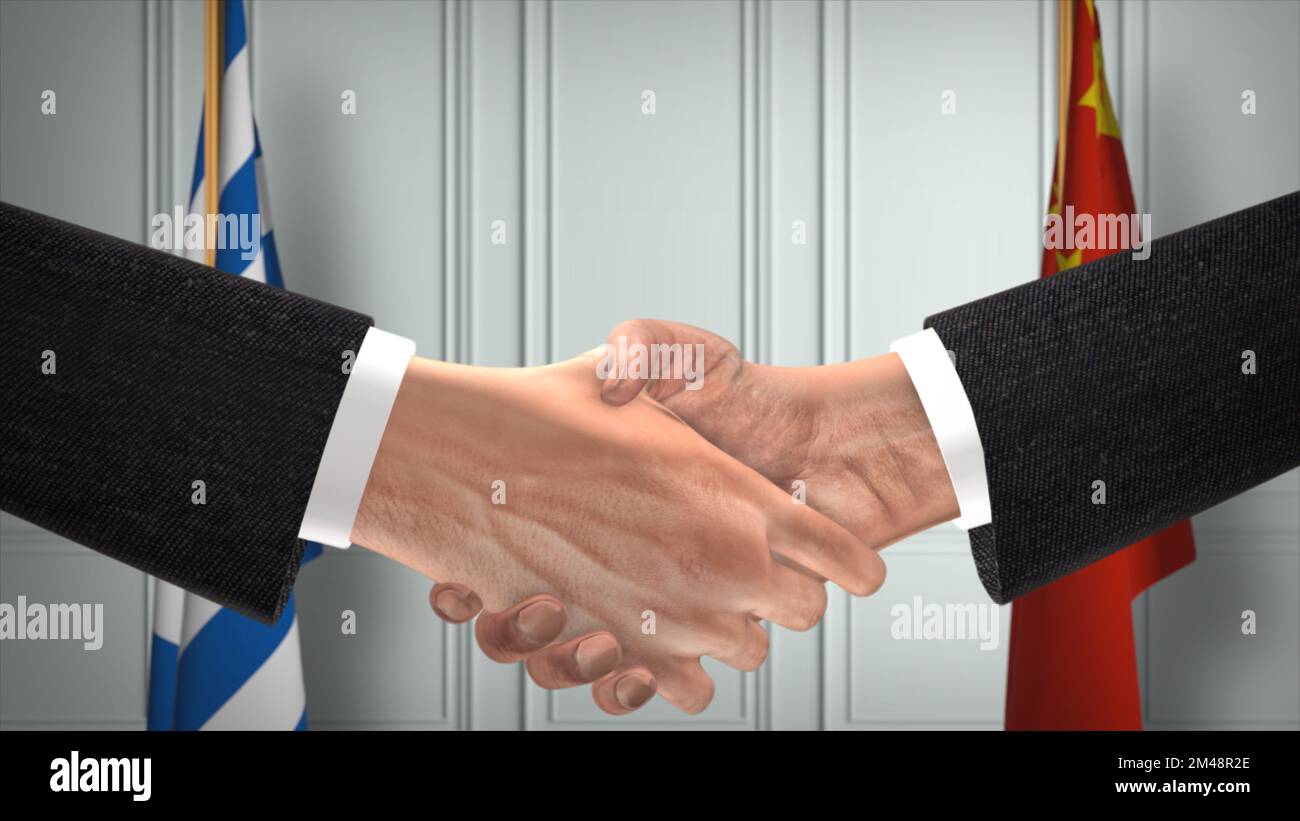 Réunion d'affaires des responsables de la Grèce et de la Chine. Un accord diplomatique. Partenaires poignée de main. Banque D'Images
