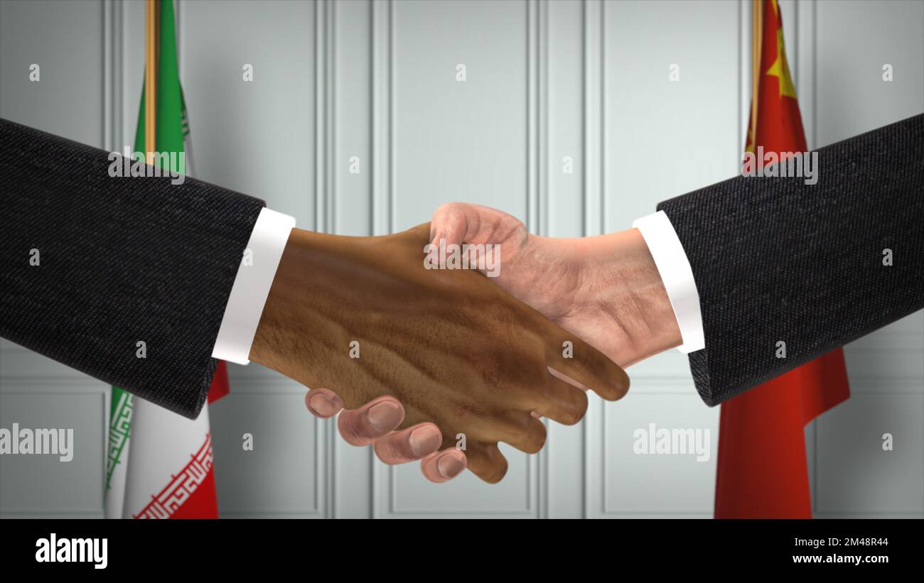 Réunion d'affaires des responsables chinois et iraniens. Un accord diplomatique. Partenaires poignée de main. Banque D'Images