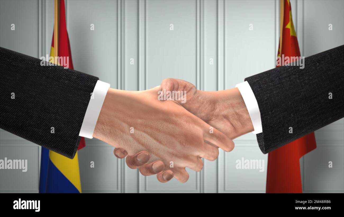 Réunion d'affaires des représentants de la Roumanie et de la Chine. Un accord diplomatique. Partenaires poignée de main. Banque D'Images