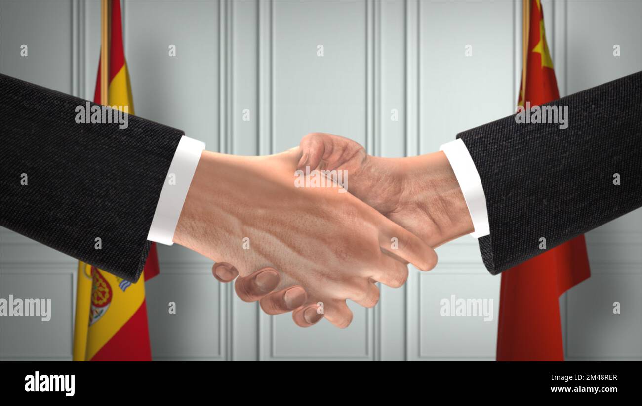 Réunion d'affaires des responsables de l'Espagne et de la Chine. Un accord diplomatique. Partenaires poignée de main. Banque D'Images