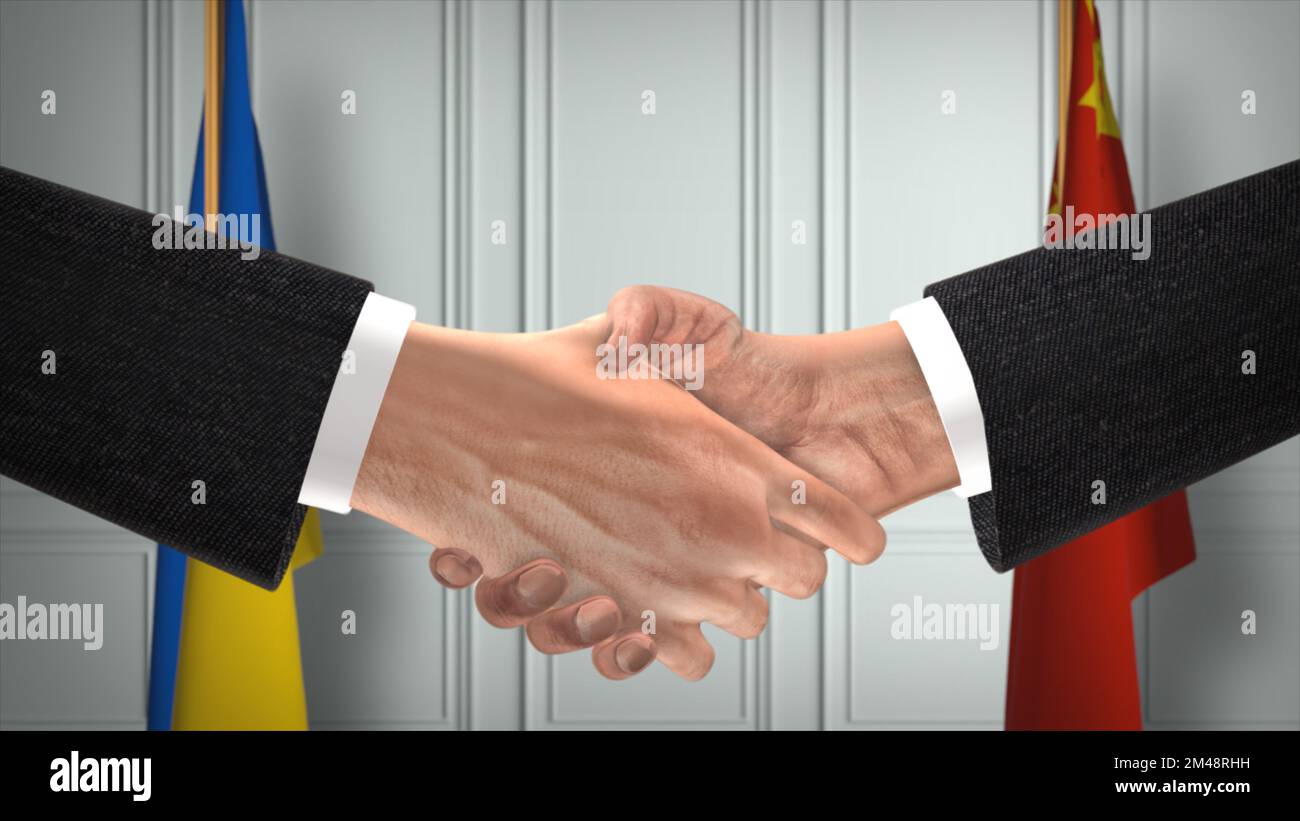 Réunion d'affaires des responsables de l'Ukraine et de la Chine. Un accord diplomatique. Partenaires poignée de main. Banque D'Images