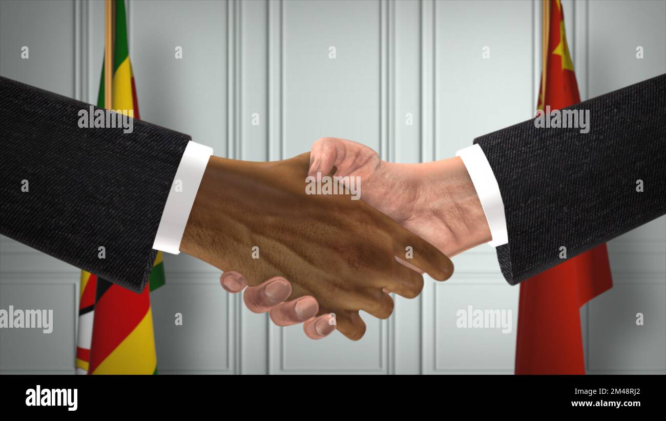 Réunion d'affaires des responsables du Zimbabwe et de la Chine. Un accord diplomatique. Partenaires poignée de main. Banque D'Images