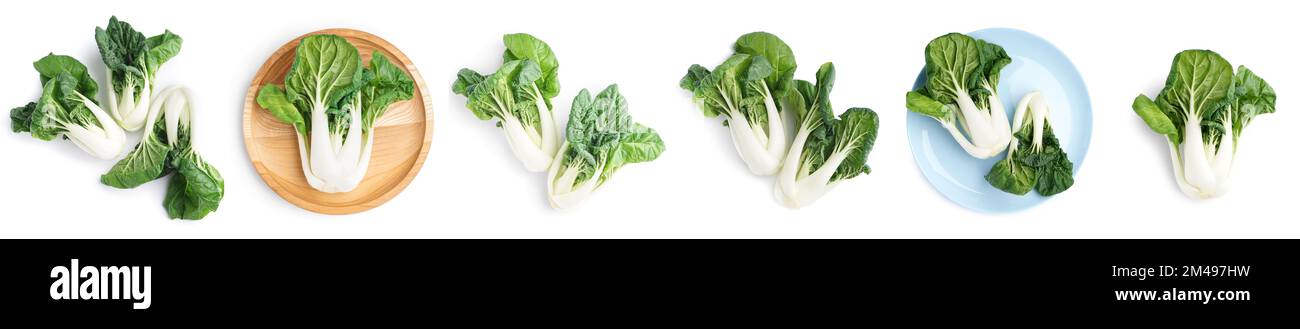 Collage de chou frais pak choi sur fond blanc, vue de dessus Banque D'Images