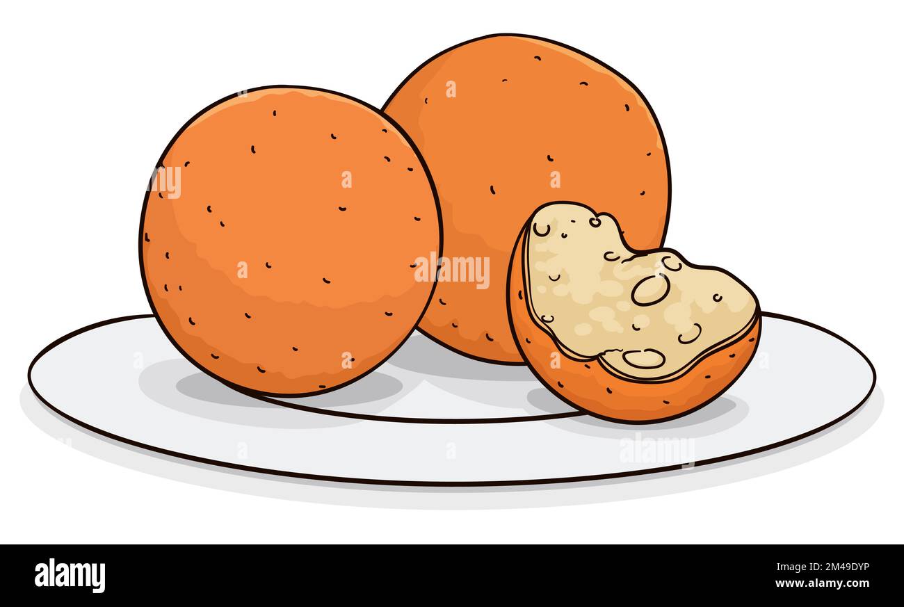 Trois délicieux beignets, ou petits pains, servis dans une assiette avec un mordu, prêts à être enchantés pendant la saison de Noël. Illustration de Vecteur