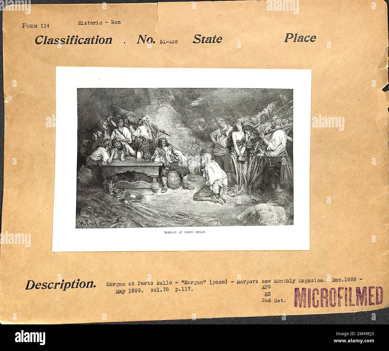 Morgan à Porto Bello - 'orgue' (poème). Légende originale: Morgan at Porto Bello - 'orgue' (poème)- Harpers New Monthly Magazine. Du 1888 décembre au 1889 mai. 78 p. 117. Banque D'Images