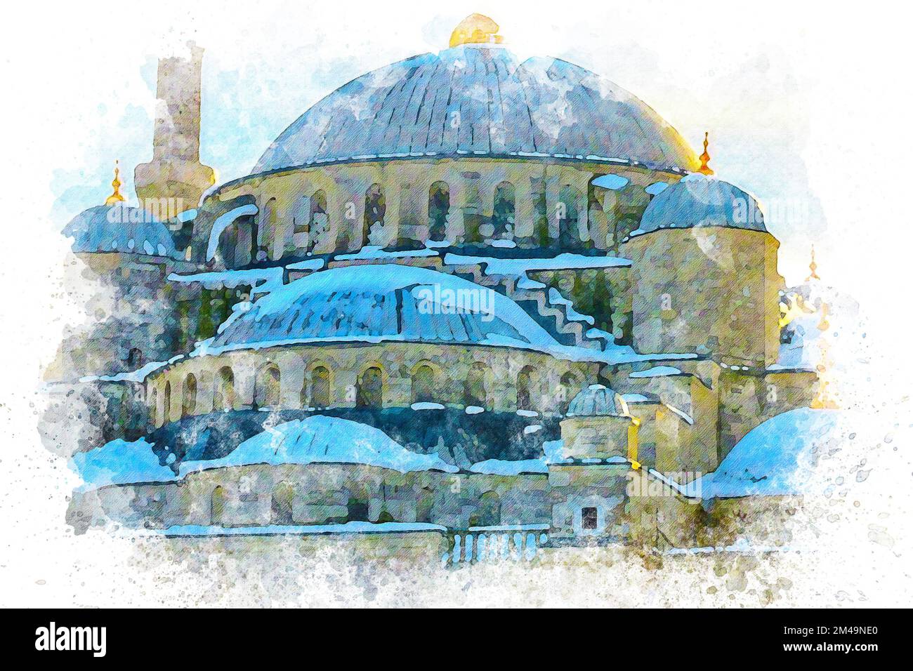 Art aquarelle Mosquée Bleue minarets, Islam et concept de religion. Banque D'Images