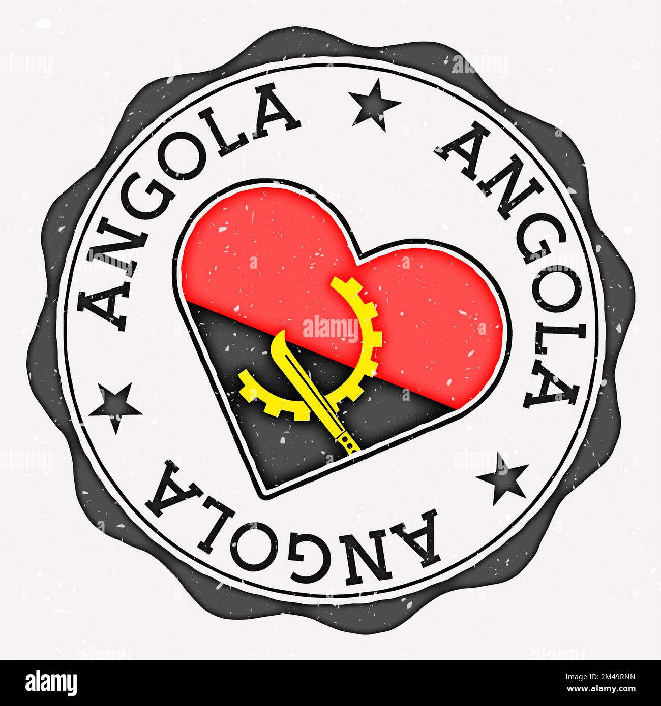 Logo drapeau coeur Angola. Texte du nom du pays autour du drapeau de l'Angola en forme de coeur. Illustration vectorielle étonnante. Illustration de Vecteur