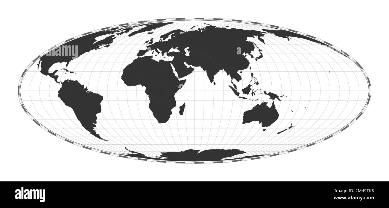 Carte du monde vectorielle. Projection Bromley. Carte géographique du monde simple avec les lignes de latitude et de longitude. Centré sur 60 degrés de longitude O. Illustration de Vecteur