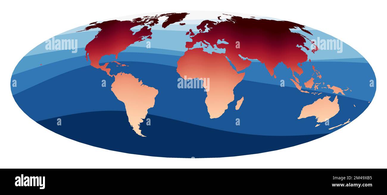 Vecteur de carte du monde. Projection Bromley. Monde en dégradé rouge-orange sur les vagues bleu profond de l'océan. Illustration vectorielle élégante. Illustration de Vecteur