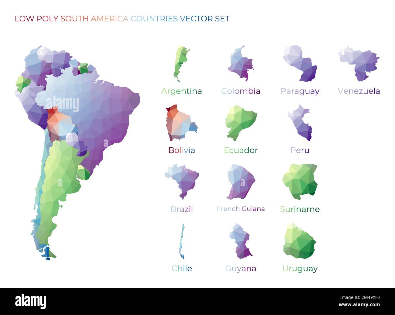 Régions sud-américaines à bas poly. Carte polygonale de l'Amérique du Sud avec les pays. Cartes géométriques pour votre conception. Illustration vectorielle impressionnante. Illustration de Vecteur
