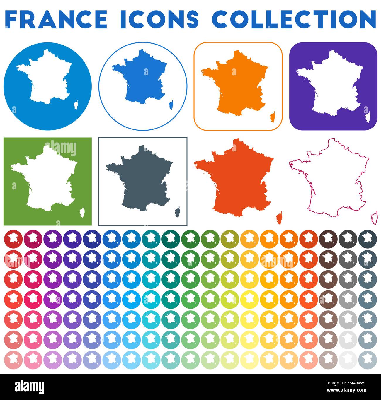 Collection d'icônes France. Icônes de carte branchées colorées et lumineuses. Badge France moderne avec carte du pays. Illustration vectorielle. Illustration de Vecteur