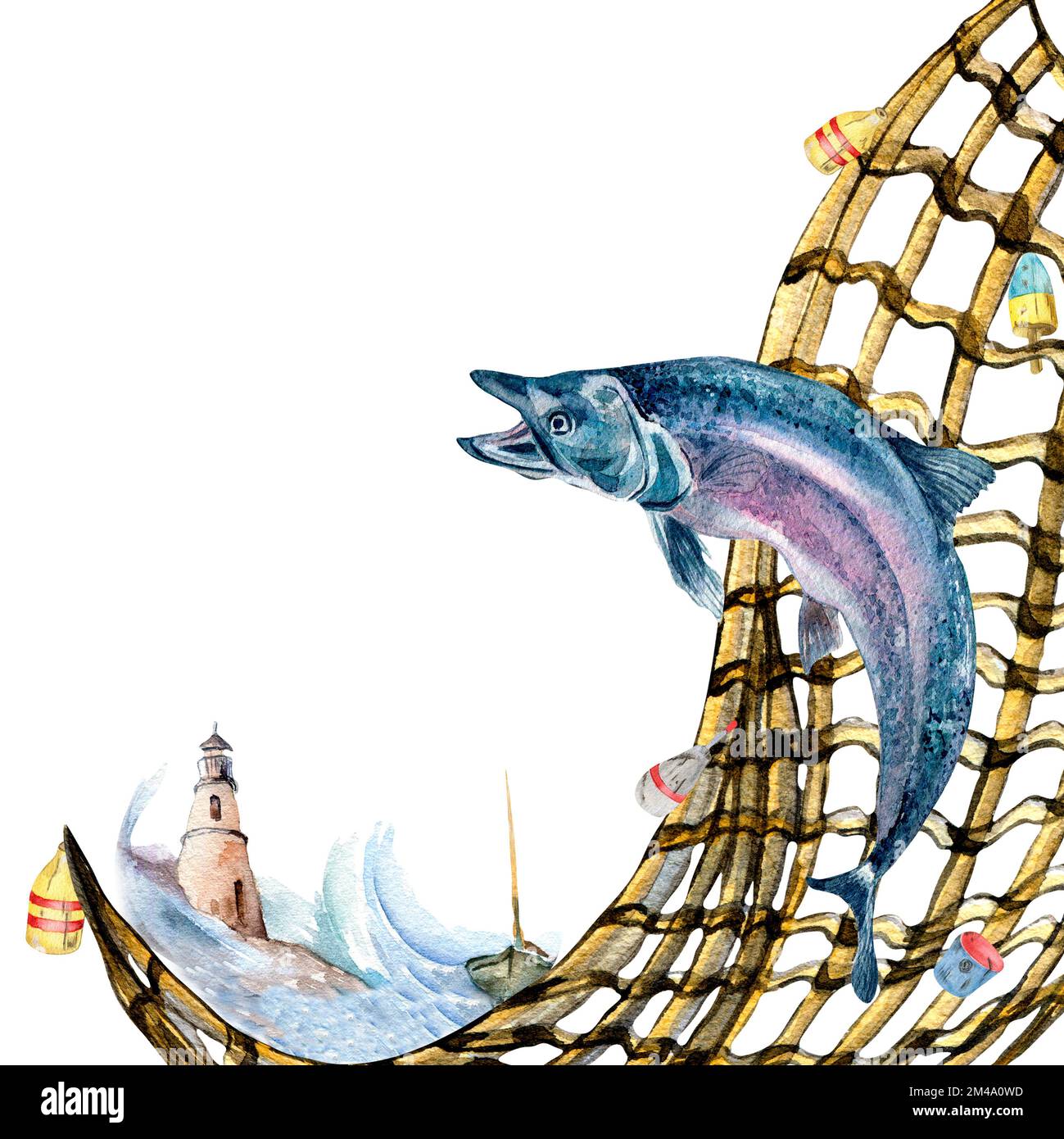 Illustration de la composition de l'aquarelle du saumon, de la truite et du fishnet isolée sur le blanc. Poisson sauvage frais, paysage marin dessiné à la main. Elément de conception pour le package, Banque D'Images