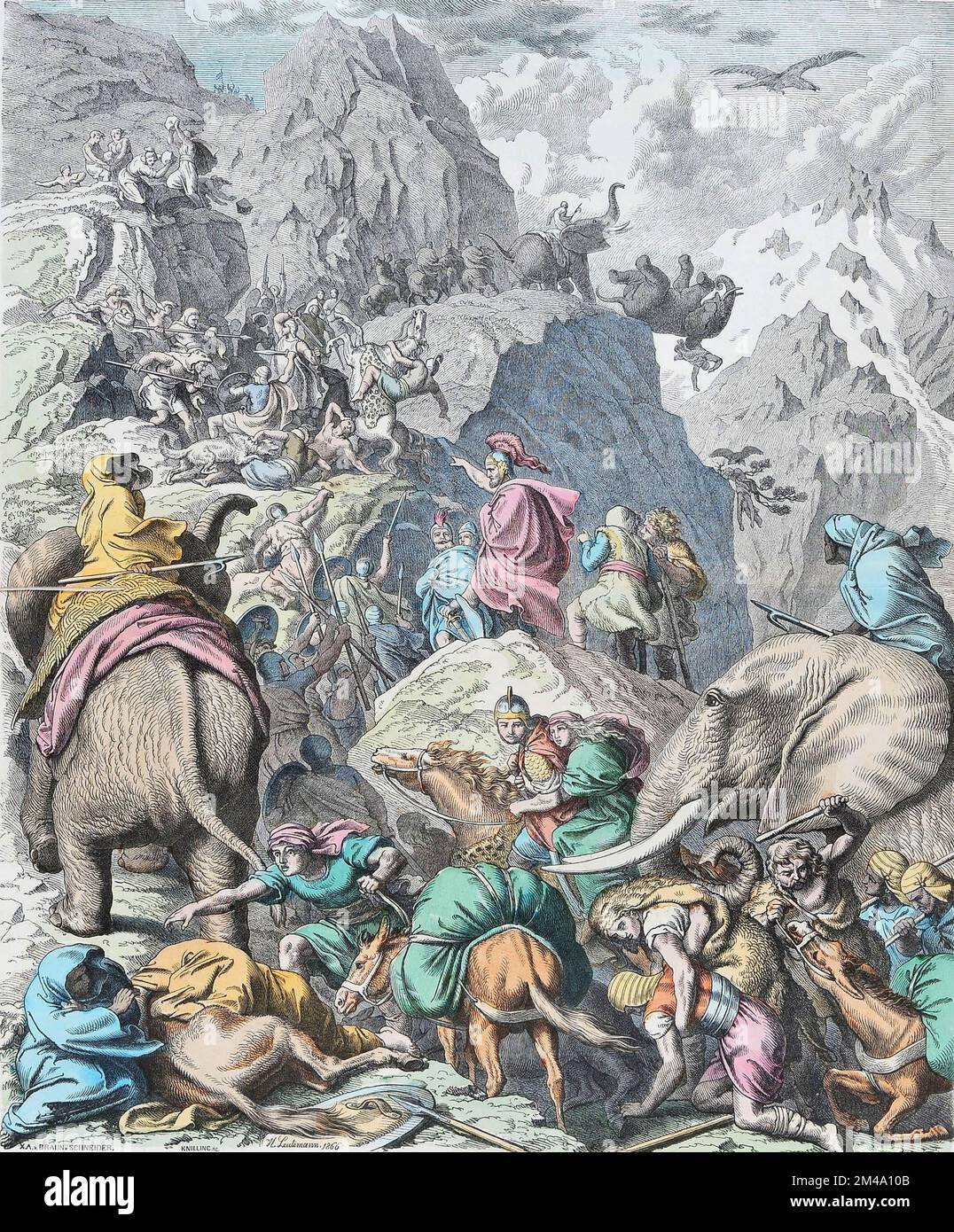Tunisie / Italie : l'armée d'Hannibal traverse les Alpes pendant la seconde guerre punique (218-201 BCE). Imprimé bois par Heinrich Leutemann (1824-1905), 1866. La seconde guerre punique (218 BCE - 201 BCE) est surtout commémorée pour le passage des Alpes par Hannibal de Carthaginois. Lui et son armée ont envahi l'Italie du nord et ont vaincu l'armée romaine dans plusieurs batailles, mais n'ont jamais atteint l'objectif ultime de provoquer une rupture politique entre Rome et ses alliés. Tout en luttant contre Hannibal en Italie, en Hispanie et en Sicile, Rome a également combattu simultanément contre la Macédonie dans la première guerre macédonienne. Banque D'Images