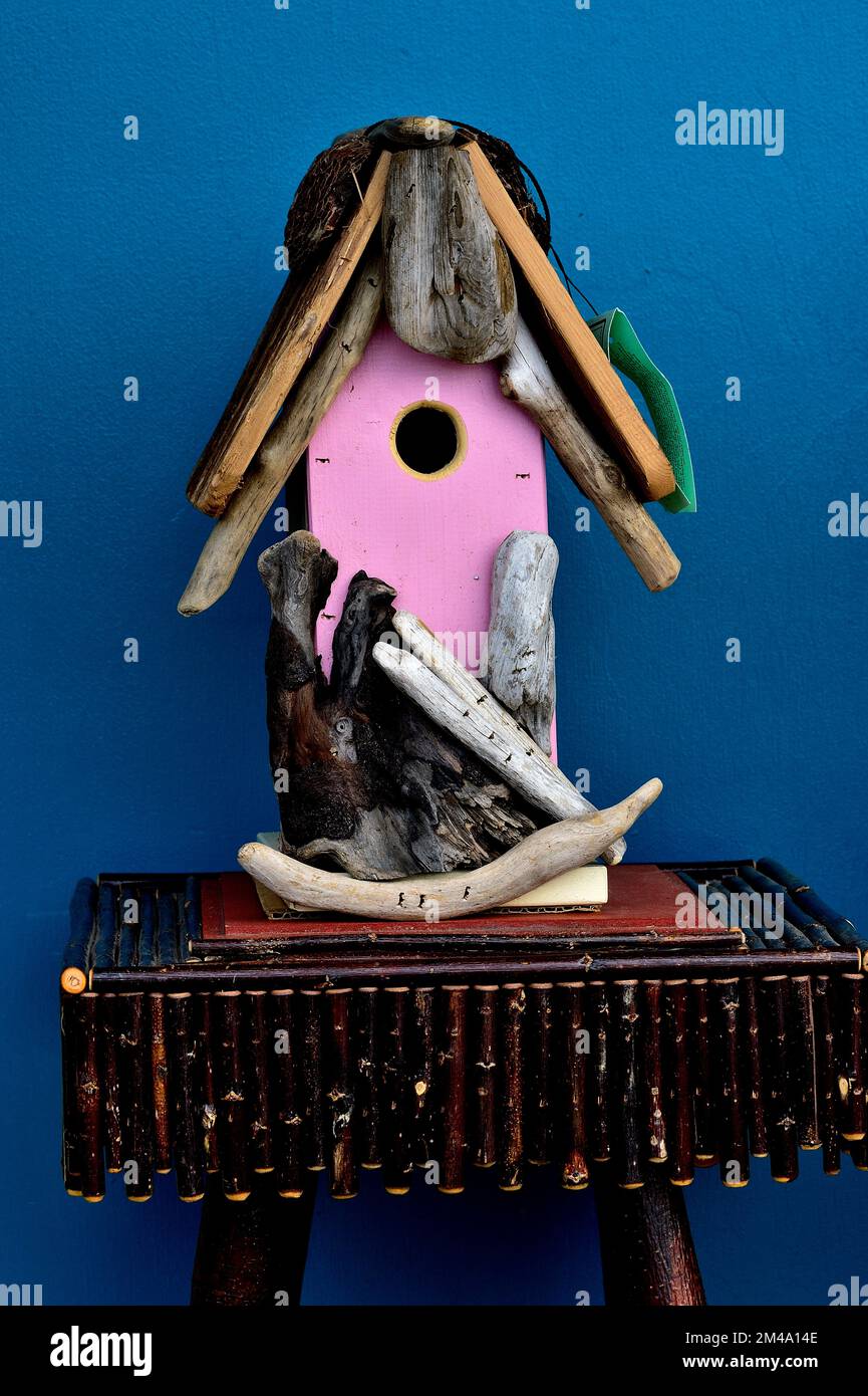 Une maison d'oiseaux sauvages faite maison avec bordure de bois de grève Banque D'Images