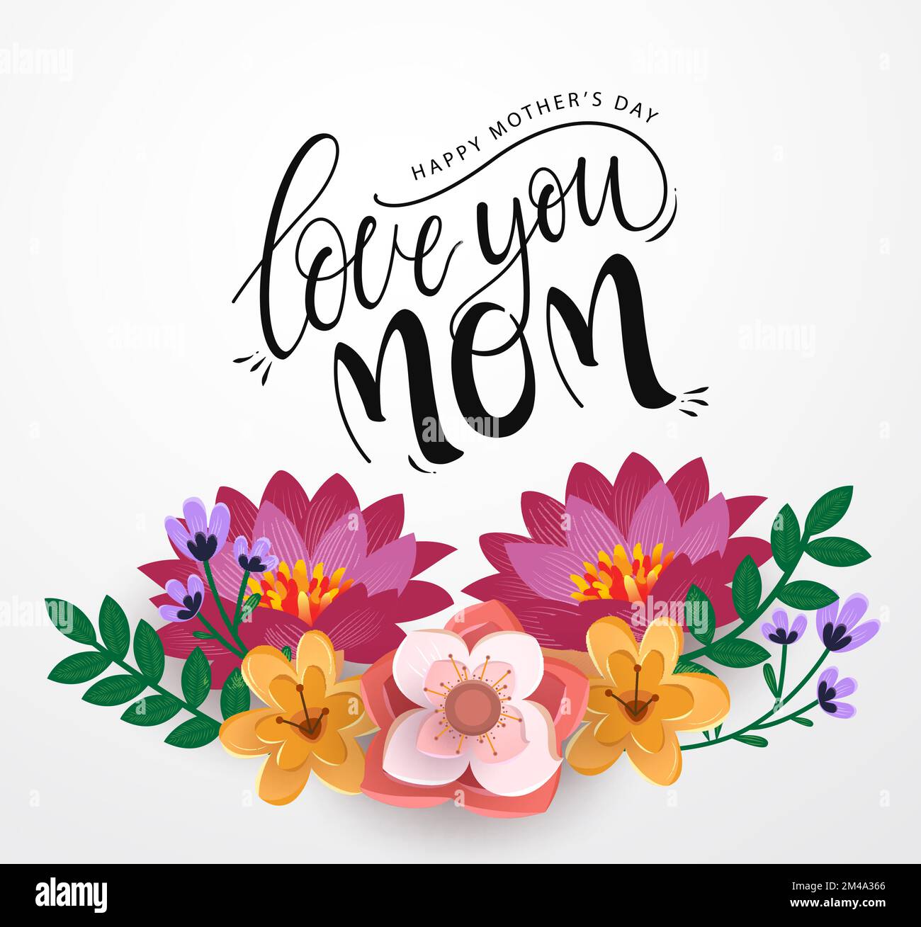 Motif vectoriel de fête des mères heureux. Love You MOM texte avec ornement de fleur coloré pour accueillir et carte d'invitation sur fond blanc. Illustration de Vecteur