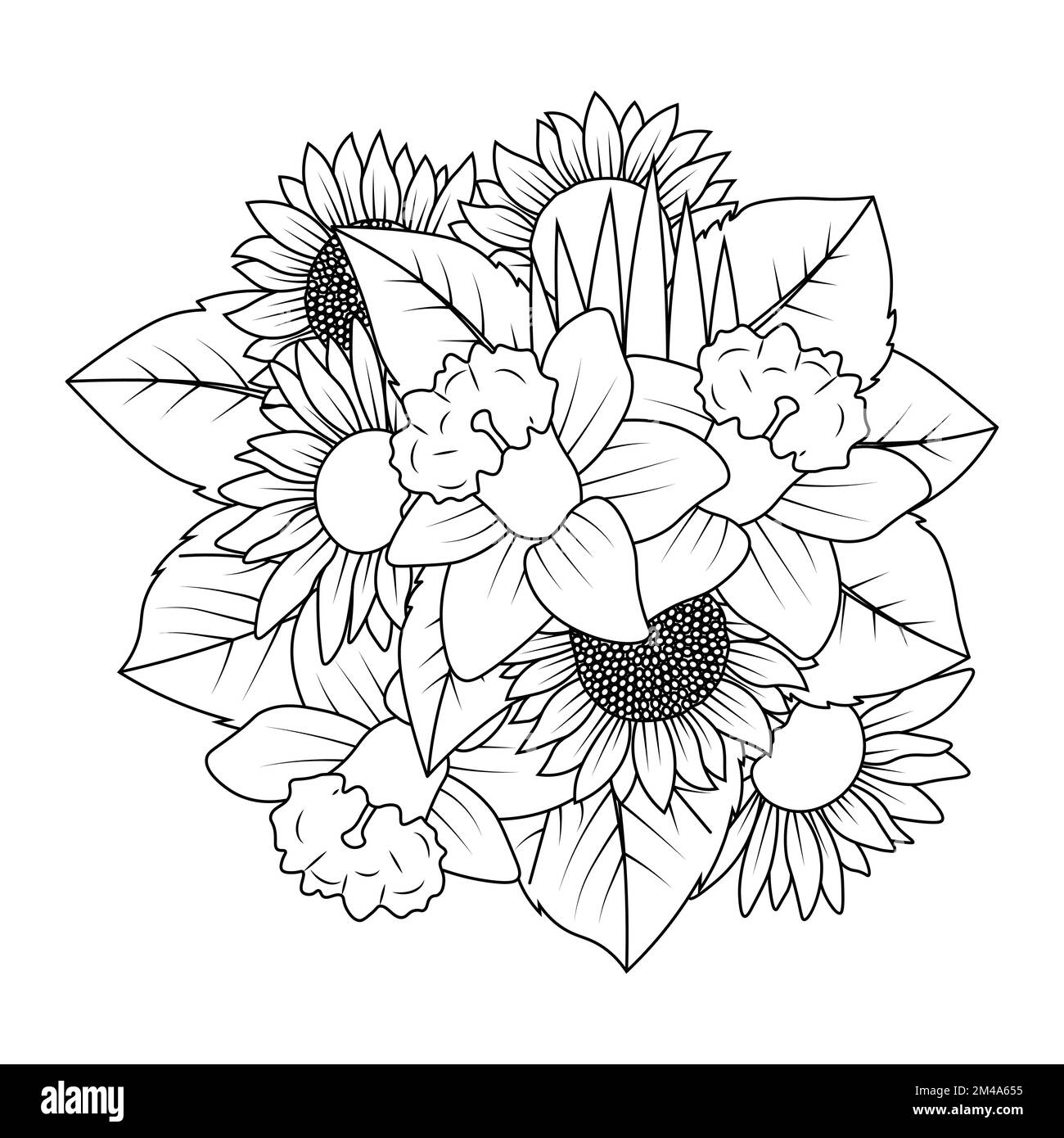 tournesol et jonquille fleur contour vecteur de style doodle art coloriage page design Illustration de Vecteur