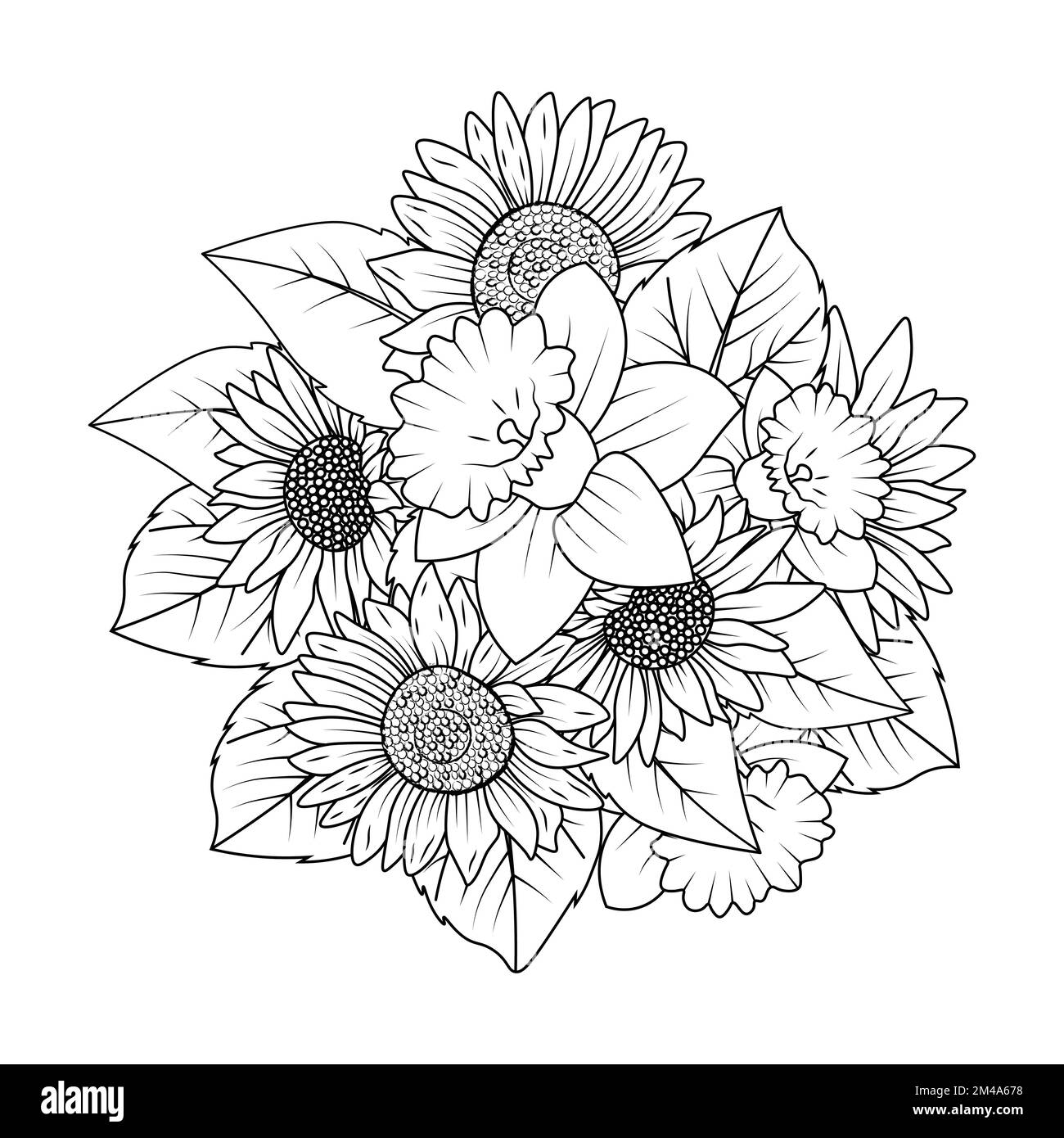 tournesol et jonquille fleur contour vecteur de style doodle art coloriage page design Illustration de Vecteur