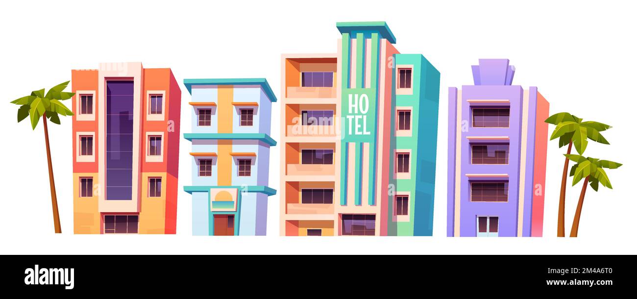 Bâtiments, hôtels à Miami en été, architecture de maison moderne. Habitations isolées à plusieurs étages, magasins et restaurants avec fenêtres en verre et palmiers autour, illustration vectorielle de dessin animé, ensemble Illustration de Vecteur