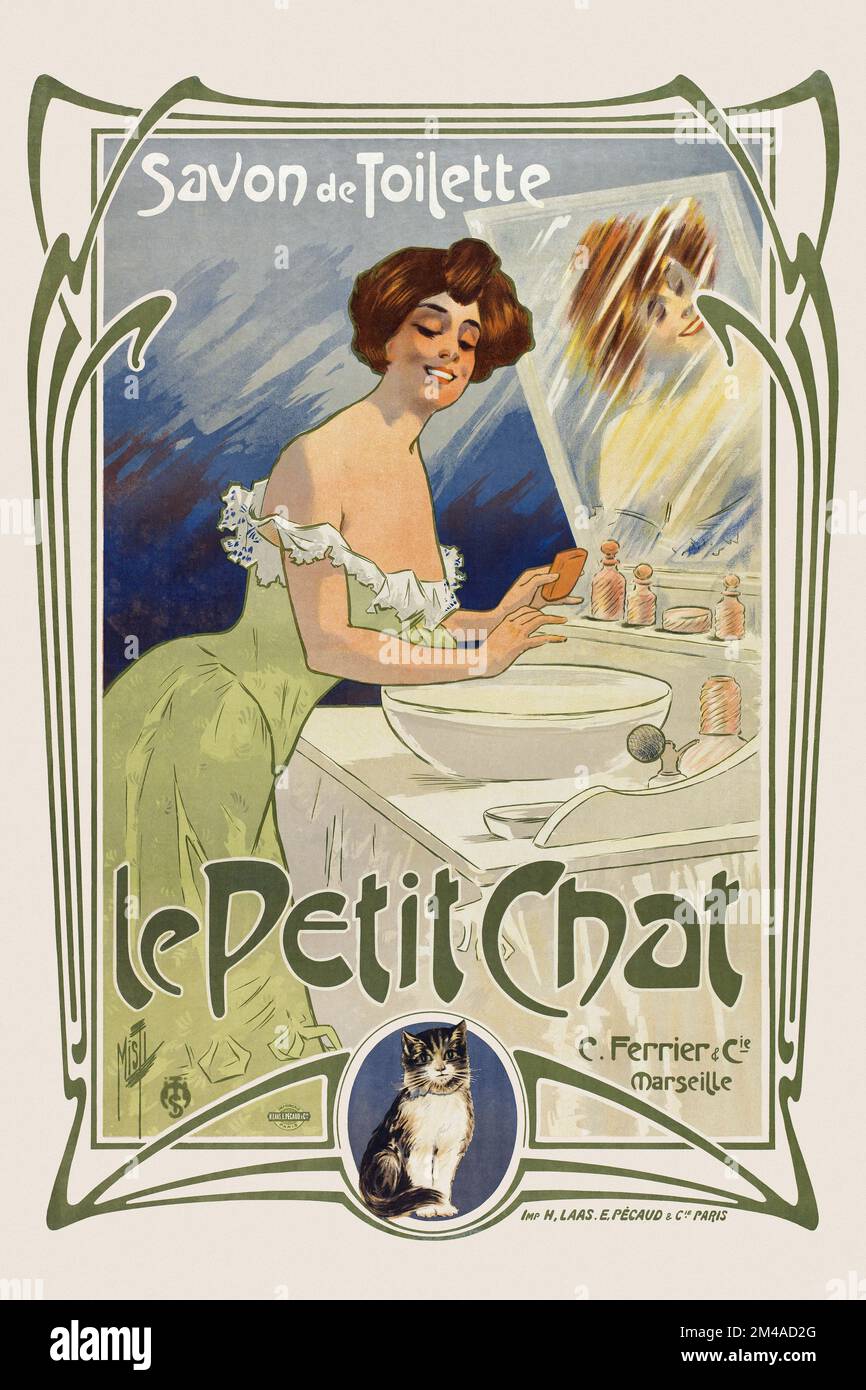 Savon de toilette. Le petit Chat. C. Ferrier et Cie, Marseille par Ferdinand Mifliez MISTI (1865-1923). Affiche publiée en 1899 en France. Banque D'Images