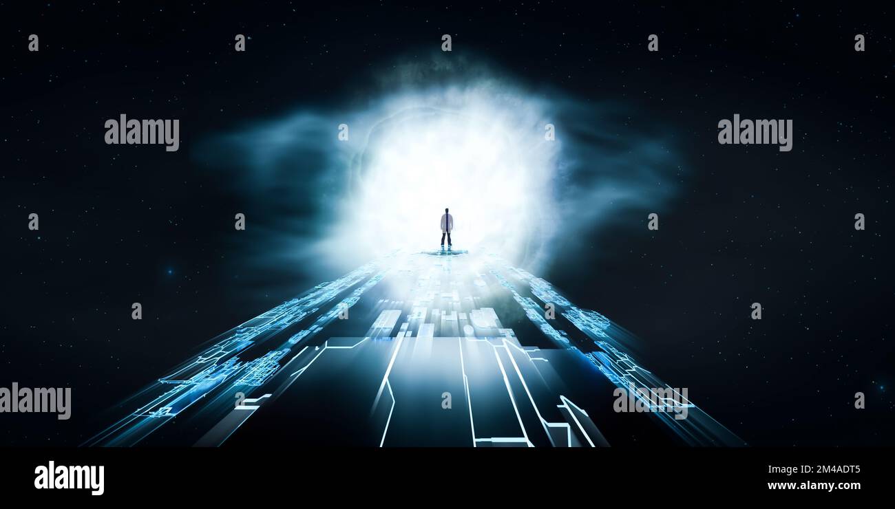 Dark Abstract Sci Fi path avec espace extérieur en arrière-plan. Homme debout avec des rayons de lumière. Banque D'Images