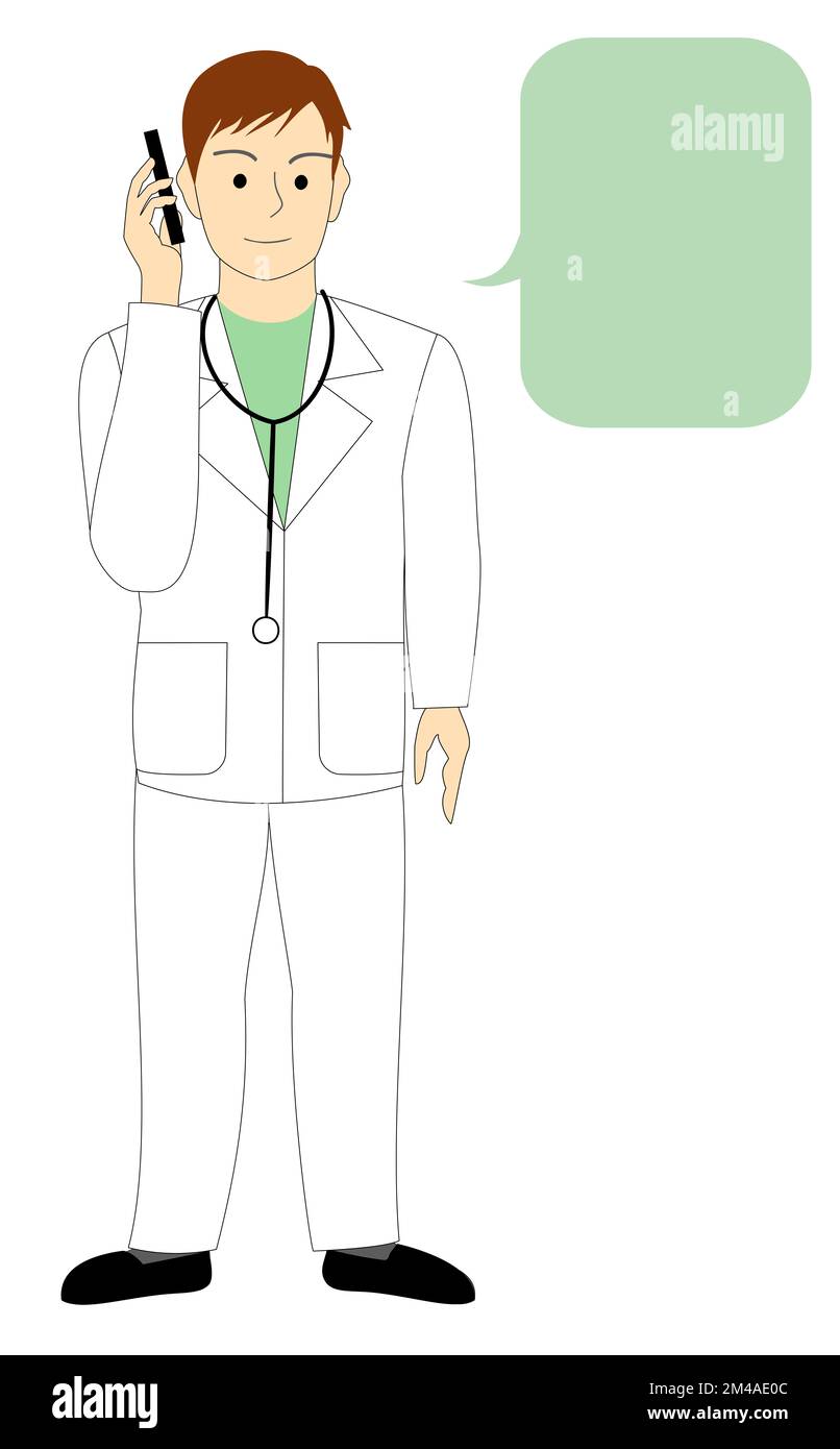 Un médecin, un chirurgien, un dentiste, un vétérinaire, un fond blanc avec un téléphone portable Banque D'Images