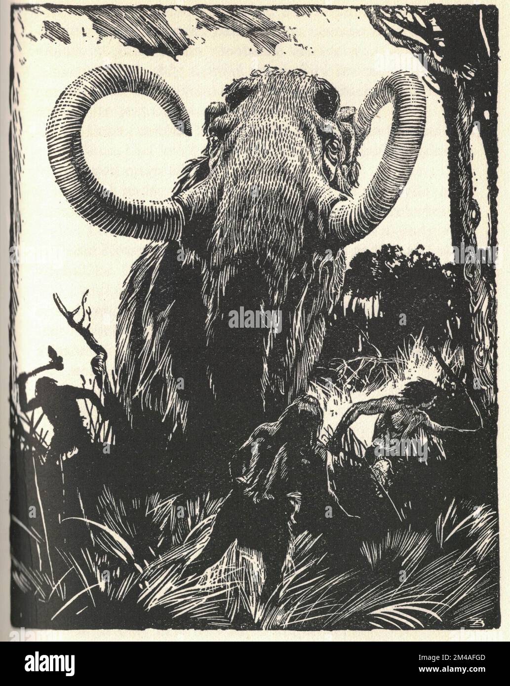 Les gens préhistoriques chassent un mammouth géant. Une représentation d'un animal préhistorique. Ancienne illustration en noir et blanc. Dessin vintage. Illustration par Zdenek Burian. Zdenek Michael Frantisek Burian (11 février 1905 à Koprivnice, Moravie, Autriche-Hongrie 1 juillet 1981 à Prague, Tchécoslovaquie) est un peintre, illustrateur de livres et paléoartiste tchèque dont les travaux ont joué un rôle central dans le développement de la reconstruction paléontologique. À l'origine reconnue uniquement en Tchécoslovaquie natale, la renommée de Burian s'est par la suite étendue à un public international au cours d'une carrière remarquable s'étendant sur six décennies (1930s Banque D'Images