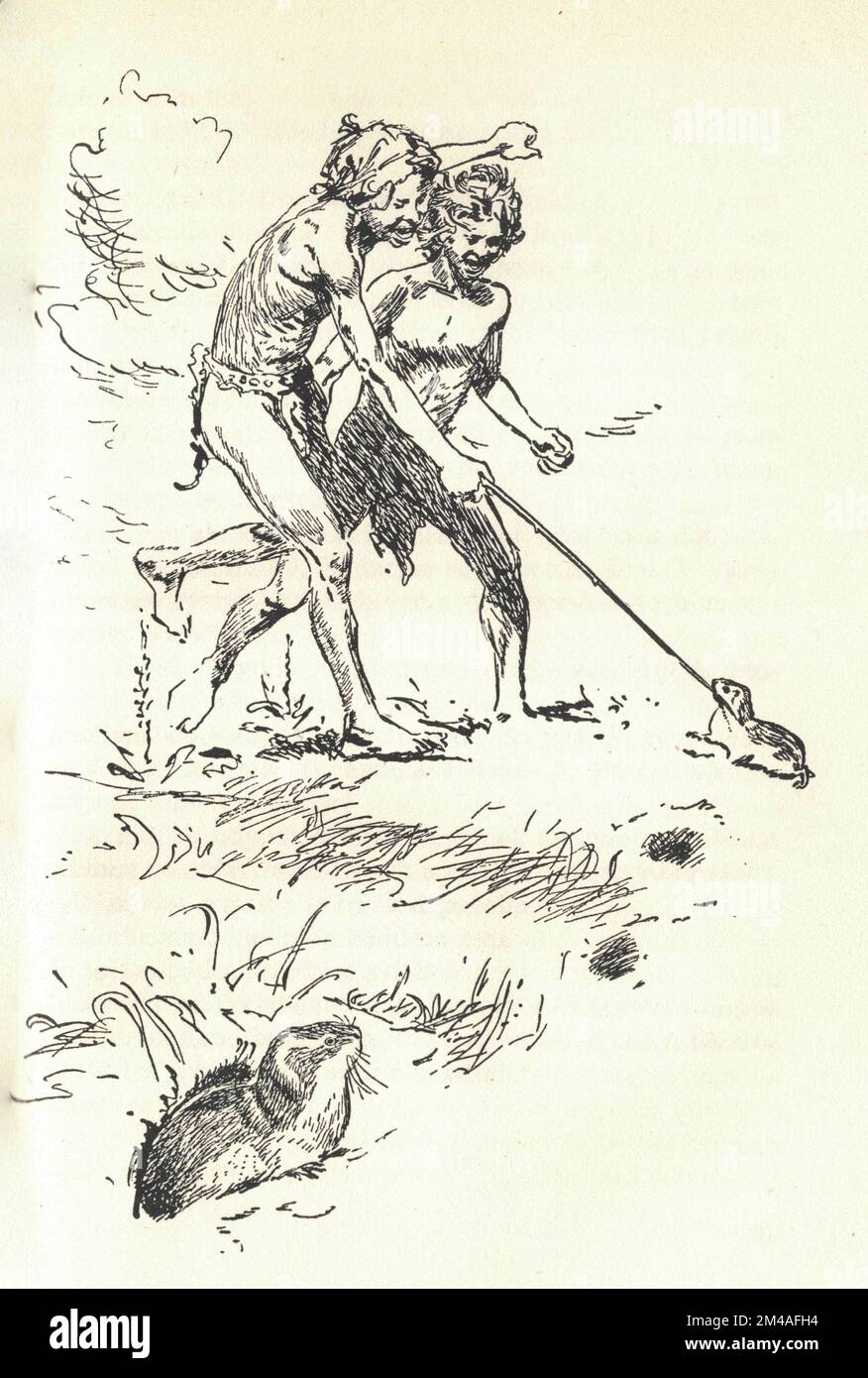 Les garçons préhistoriques jouent avec un lemming. Une représentation d'un animal préhistorique. Ancienne illustration en noir et blanc. Dessin vintage. Illustration par Zdenek Burian. Zdenek Michael Frantisek Burian (11 février 1905 à Koprivnice, Moravie, Autriche-Hongrie 1 juillet 1981 à Prague, Tchécoslovaquie) est un peintre, illustrateur de livres et paléoartiste tchèque dont les travaux ont joué un rôle central dans le développement de la reconstruction paléontologique. À l'origine reconnue uniquement en Tchécoslovaquie natale, la renommée de Burian s'est par la suite étendue à un public international au cours d'une carrière remarquable s'étendant sur six décennies (1930s à Banque D'Images
