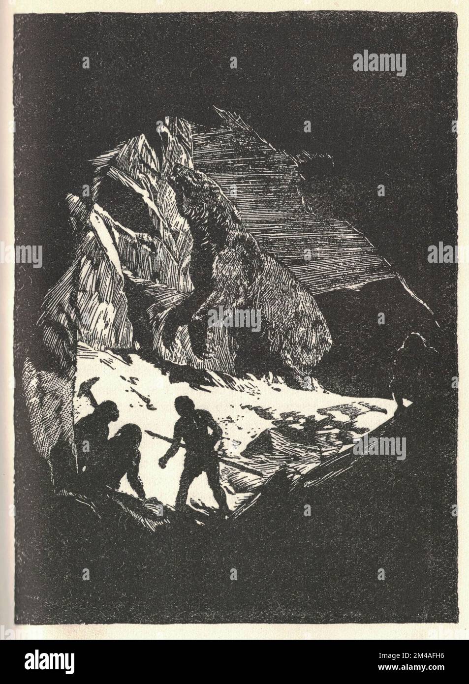 Les gens préhistoriques se cachent dans une grotte d'un grand ours. Une représentation d'un animal préhistorique. Ancienne illustration en noir et blanc. Dessin vintage. Illustration par Zdenek Burian. Zdenek Michael Frantisek Burian (11 février 1905 à Koprivnice, Moravie, Autriche-Hongrie 1 juillet 1981 à Prague, Tchécoslovaquie) est un peintre, illustrateur de livres et paléoartiste tchèque dont les travaux ont joué un rôle central dans le développement de la reconstruction paléontologique. À l'origine reconnue uniquement en Tchécoslovaquie natale, la renommée de Burian s'est ensuite répandue à un public international au cours d'une carrière remarquable s'étendant sur six décades Banque D'Images