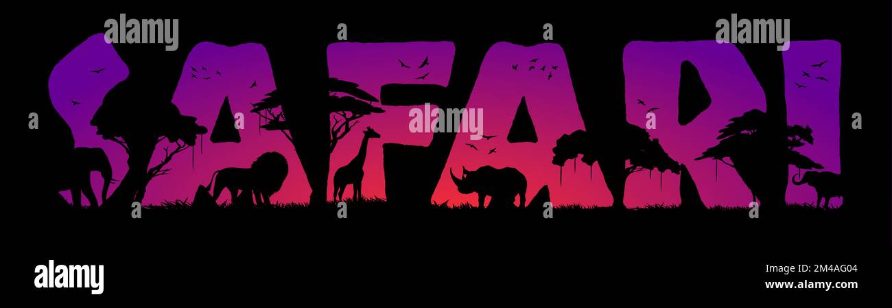 Chasse au safari en Afrique, silhouettes animales dans la savane, arbres vectoriels sur le paysage du coucher du soleil. Safari africain chasse arrière-plan de la savane nature sauvage avec lion, éléphant, rhinocéros et silhouette de girafe Illustration de Vecteur